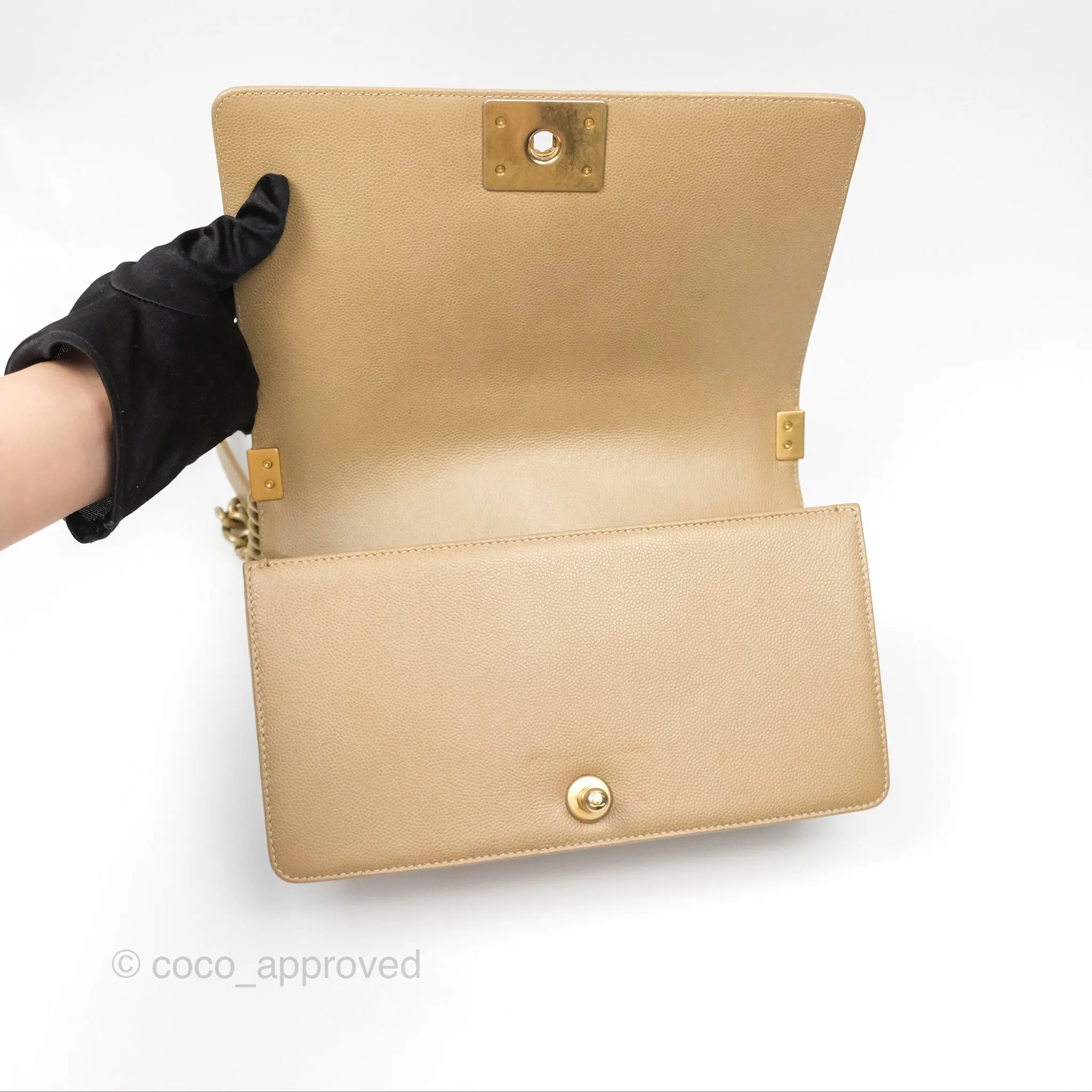 Chanel Medium Boy Chevron Beige Caviar Aged Gold Hardware