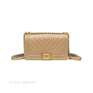 Chanel Medium Boy Chevron Beige Caviar Aged Gold Hardware