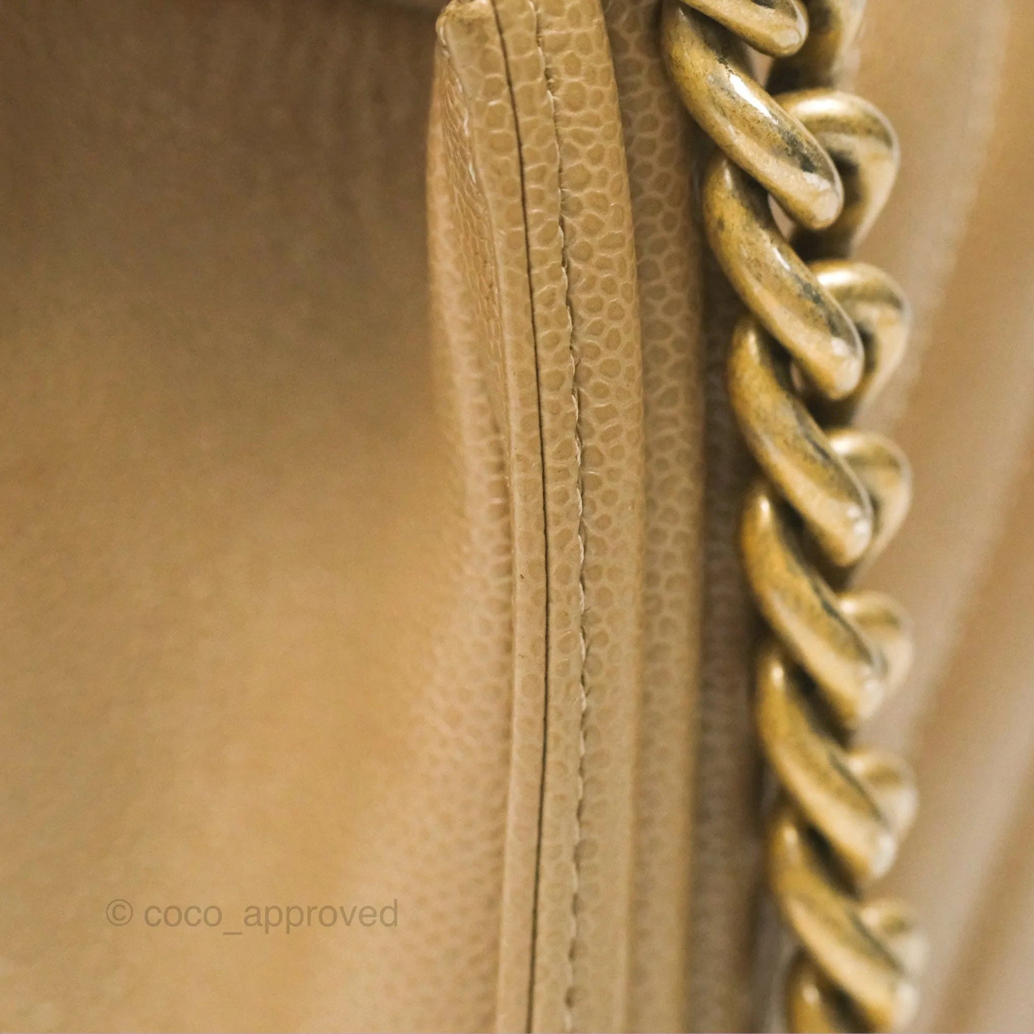 Chanel Medium Boy Chevron Beige Caviar Aged Gold Hardware