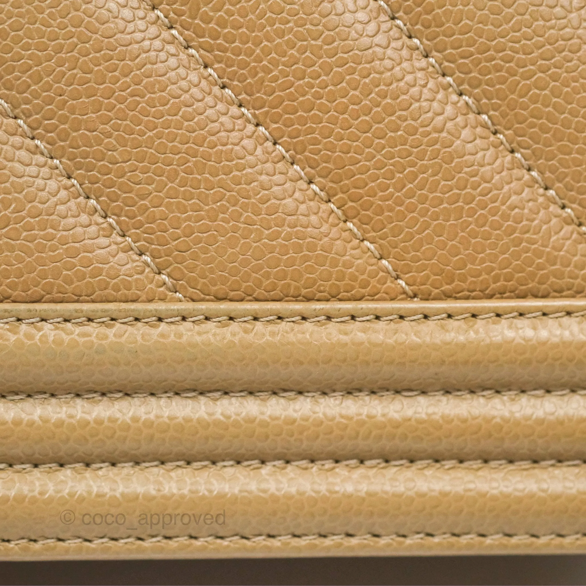 Chanel Medium Boy Chevron Beige Caviar Aged Gold Hardware