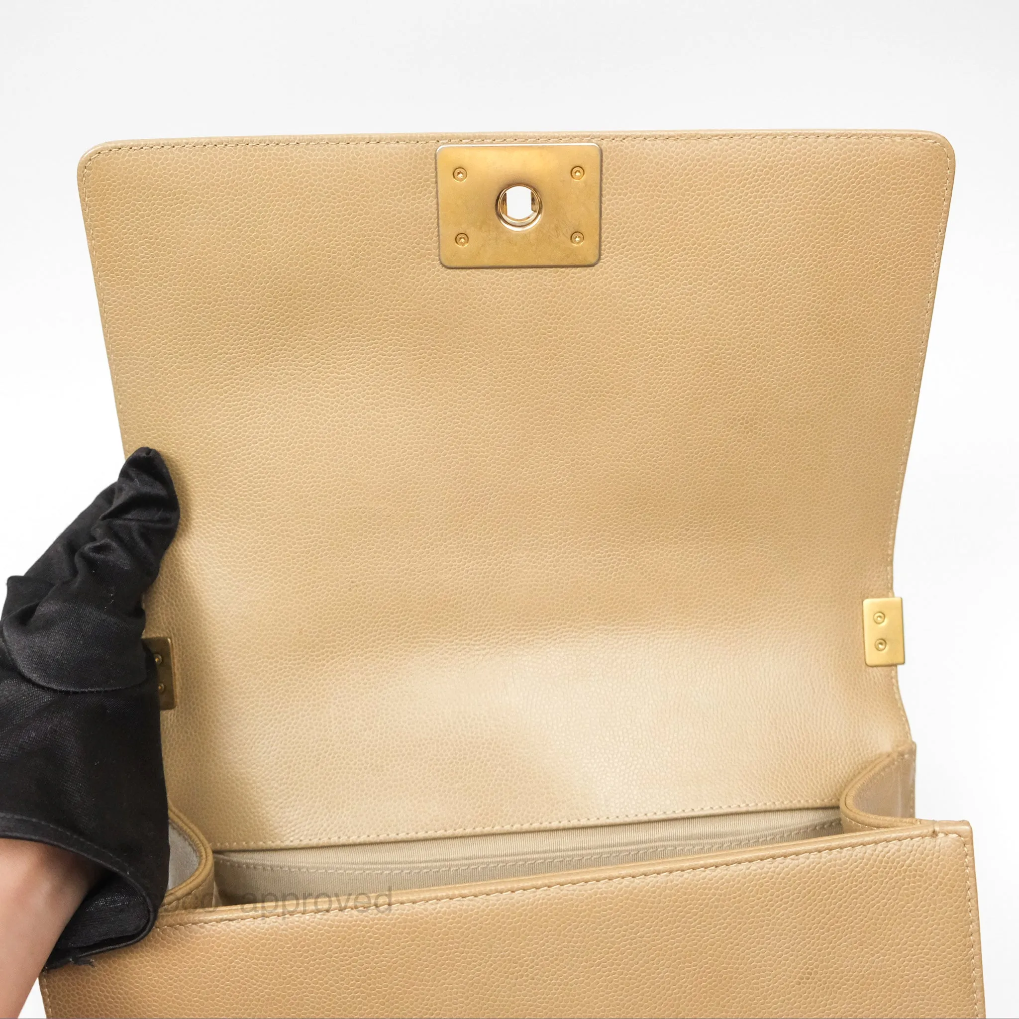 Chanel Medium Boy Chevron Beige Caviar Aged Gold Hardware