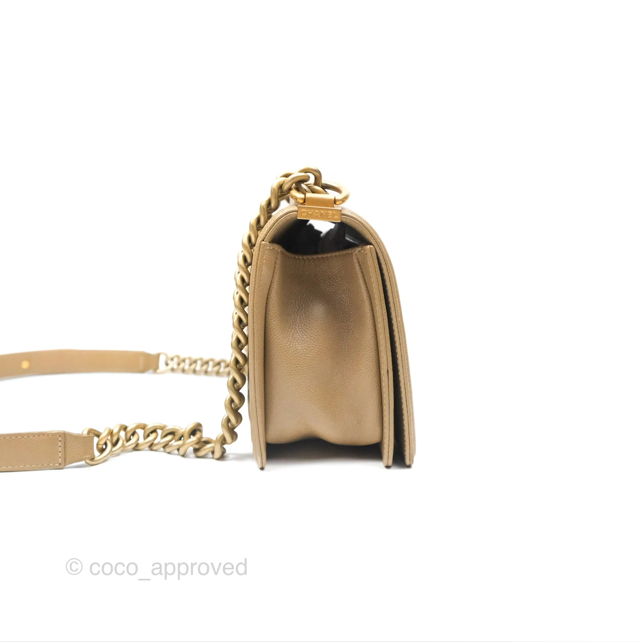 Chanel Medium Boy Chevron Beige Caviar Aged Gold Hardware