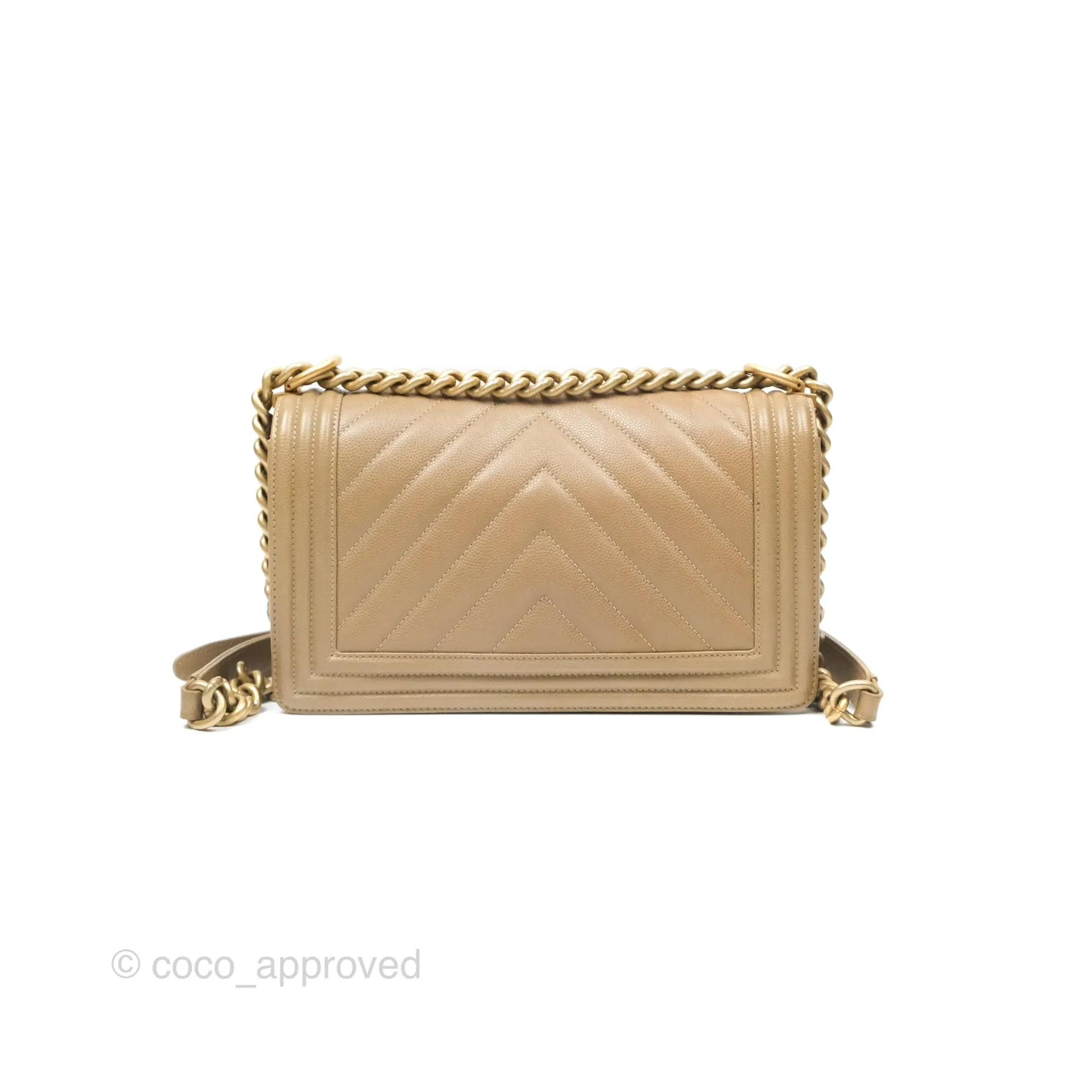 Chanel Medium Boy Chevron Beige Caviar Aged Gold Hardware