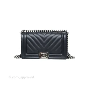 Chanel Medium Boy Chevron Dark Navy Caviar Silver Hardware