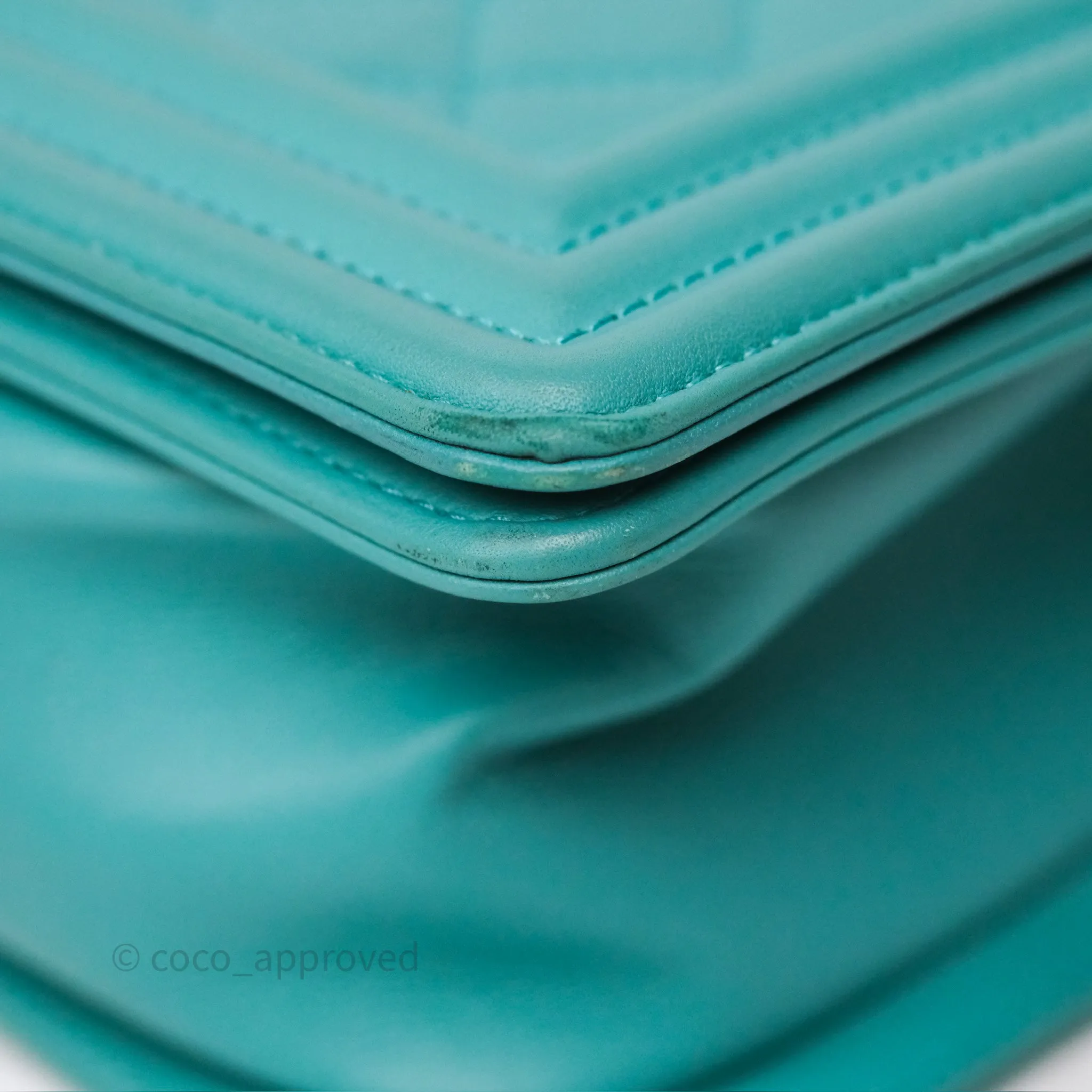 Chanel Medium Boy Quilted Turquoise Calfskin Aged Gold Hardware