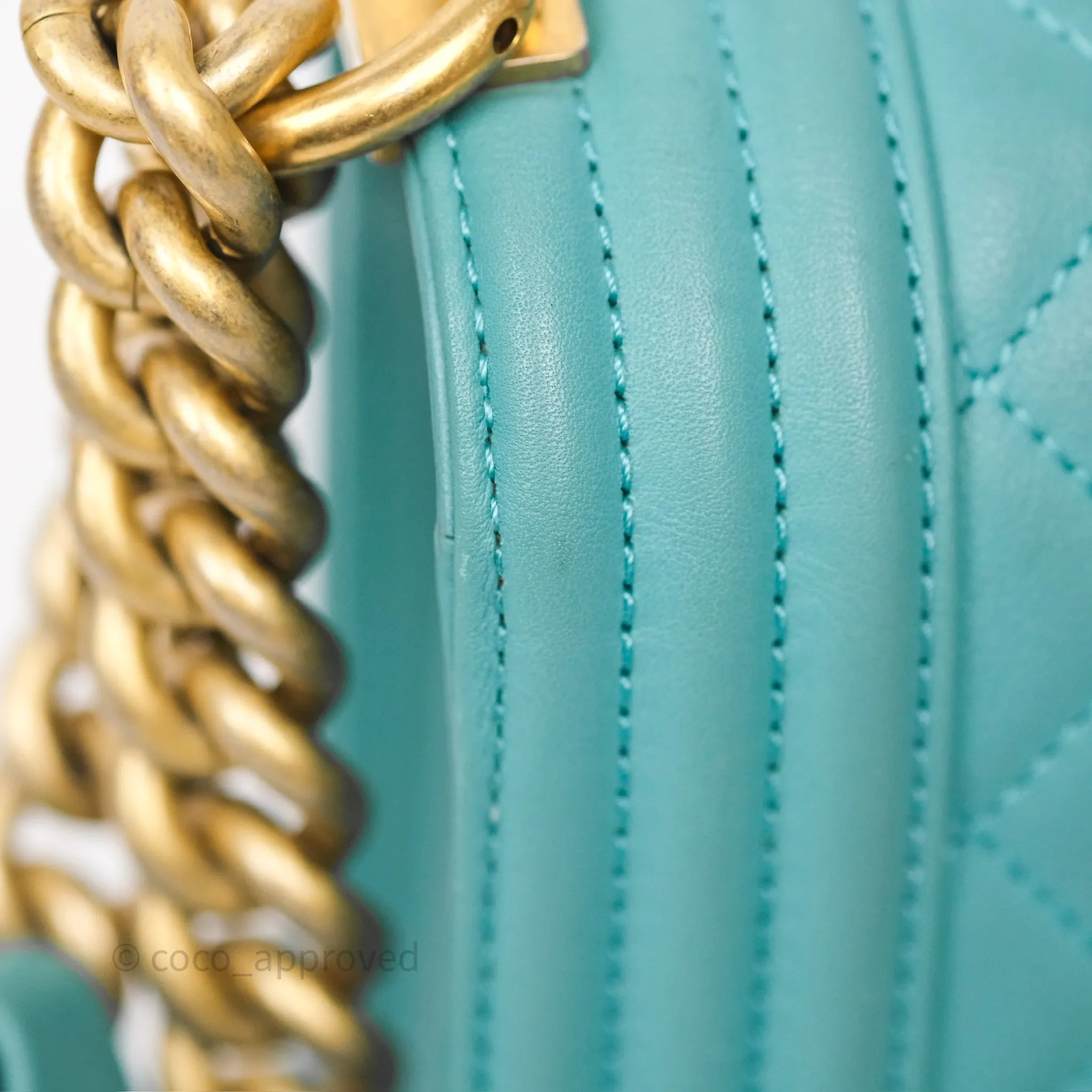 Chanel Medium Boy Quilted Turquoise Calfskin Aged Gold Hardware