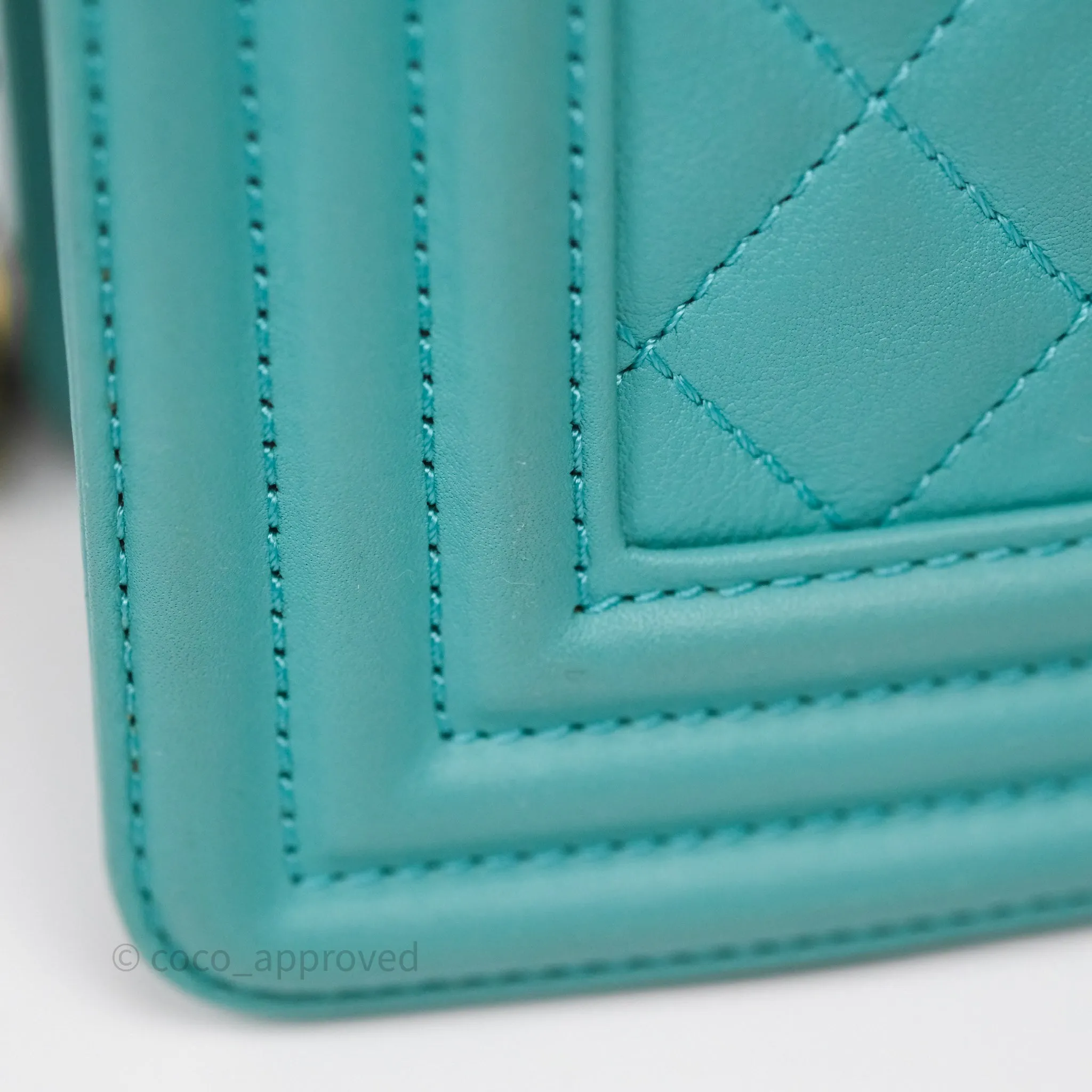 Chanel Medium Boy Quilted Turquoise Calfskin Aged Gold Hardware