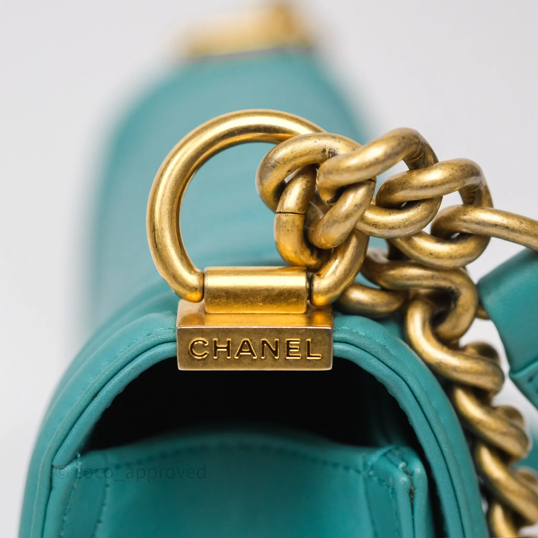 Chanel Medium Boy Quilted Turquoise Calfskin Aged Gold Hardware
