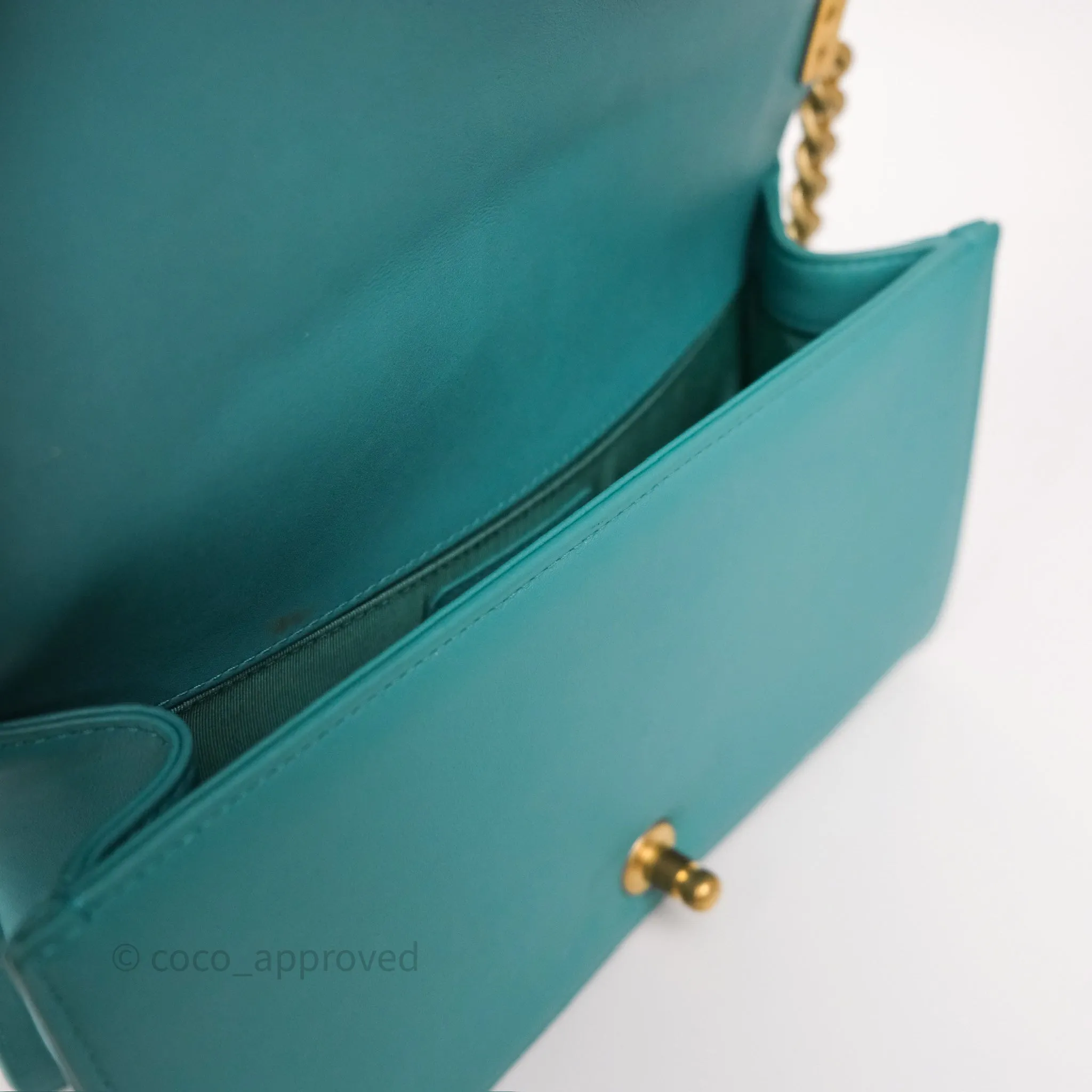 Chanel Medium Boy Quilted Turquoise Calfskin Aged Gold Hardware