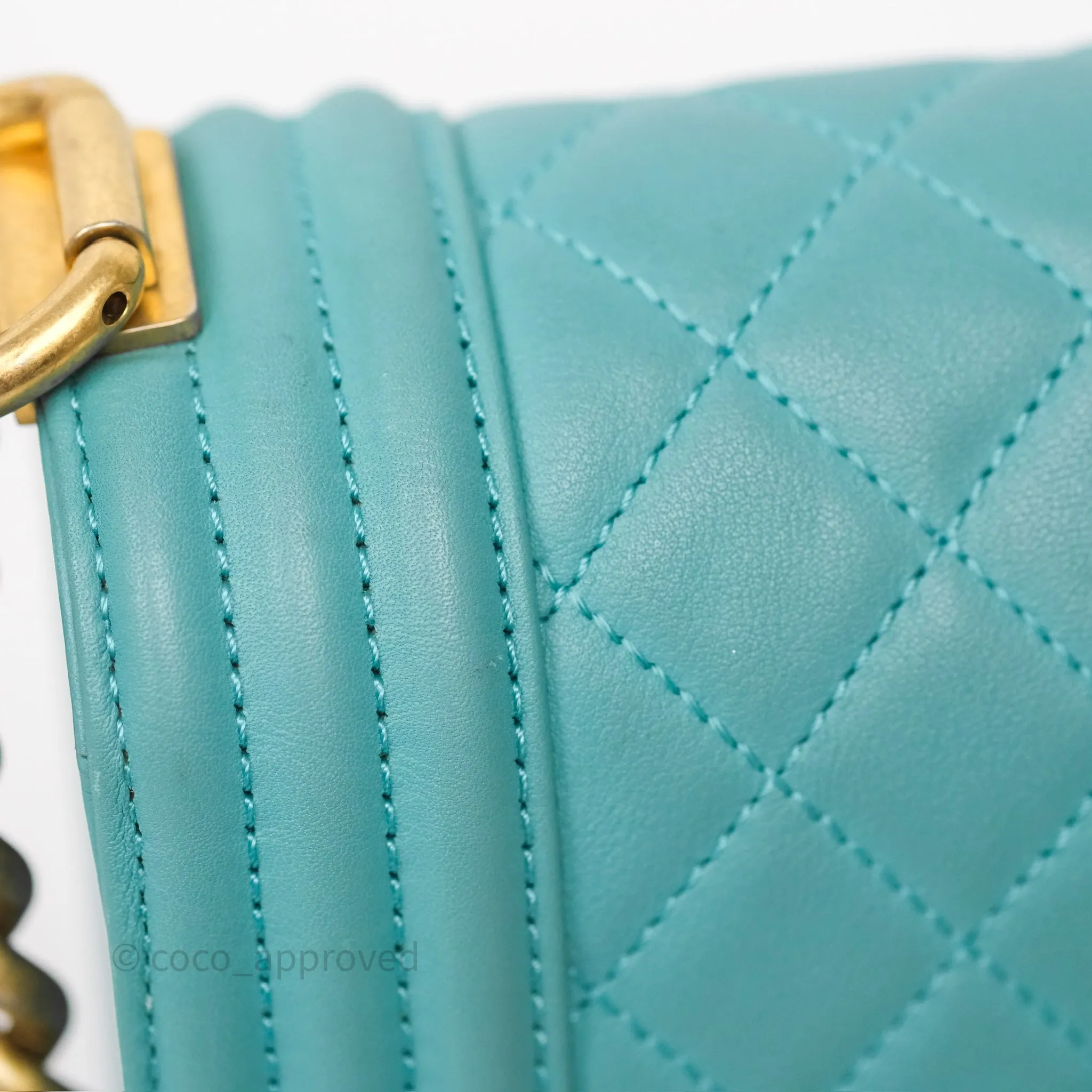 Chanel Medium Boy Quilted Turquoise Calfskin Aged Gold Hardware