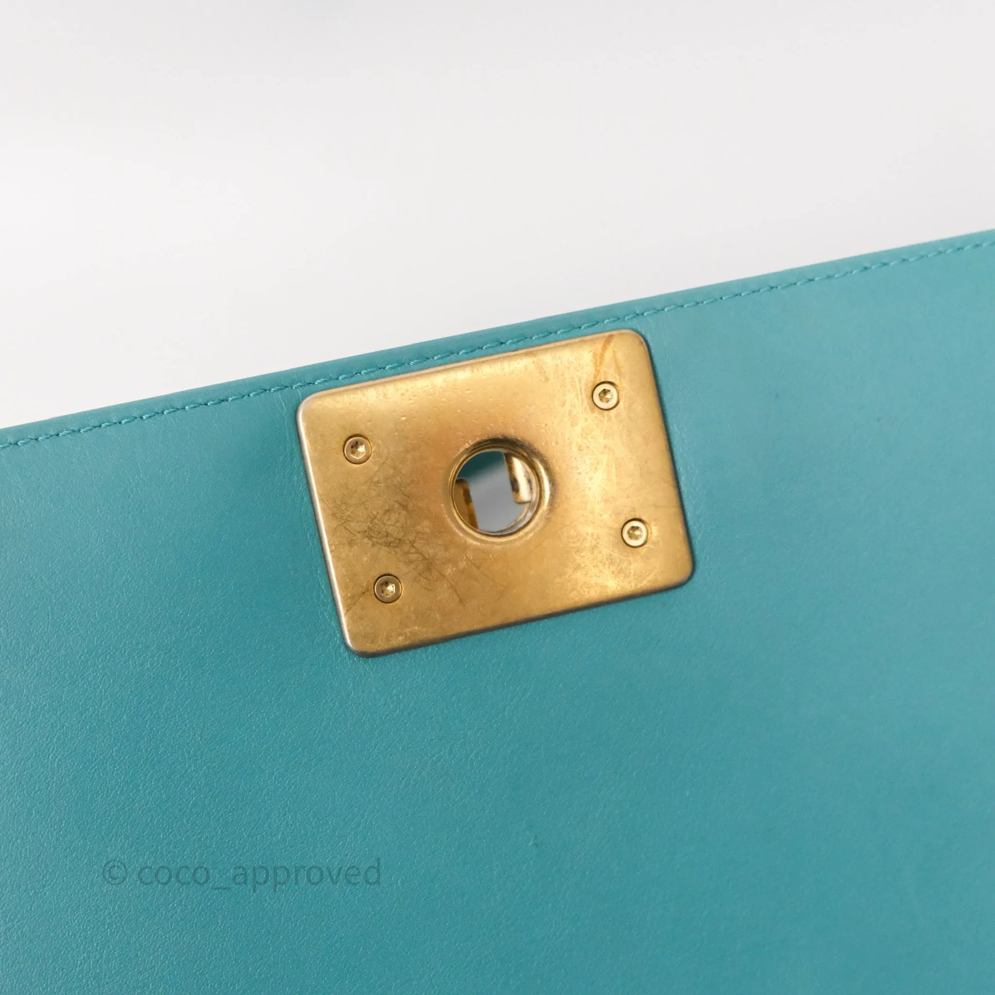 Chanel Medium Boy Quilted Turquoise Calfskin Aged Gold Hardware