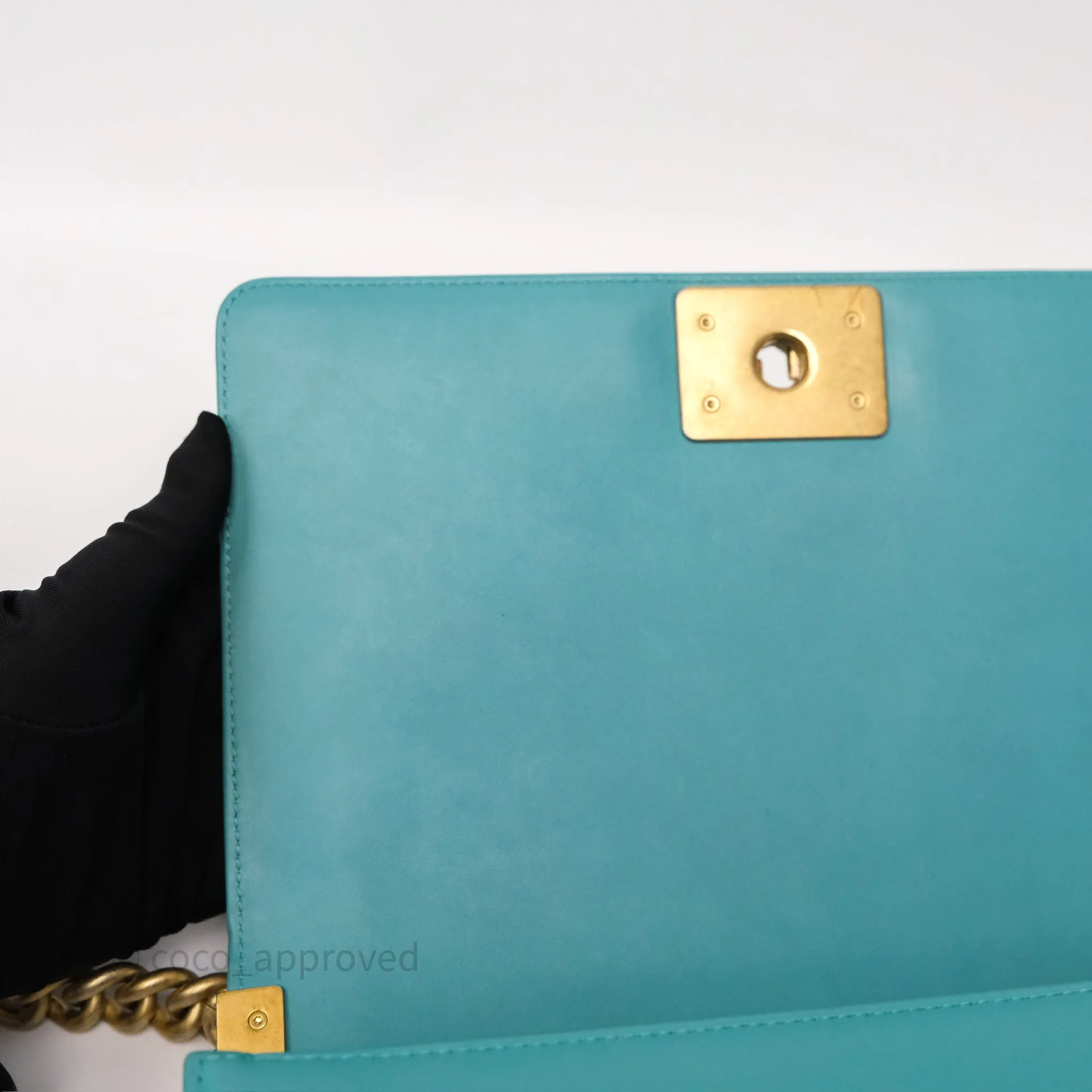 Chanel Medium Boy Quilted Turquoise Calfskin Aged Gold Hardware