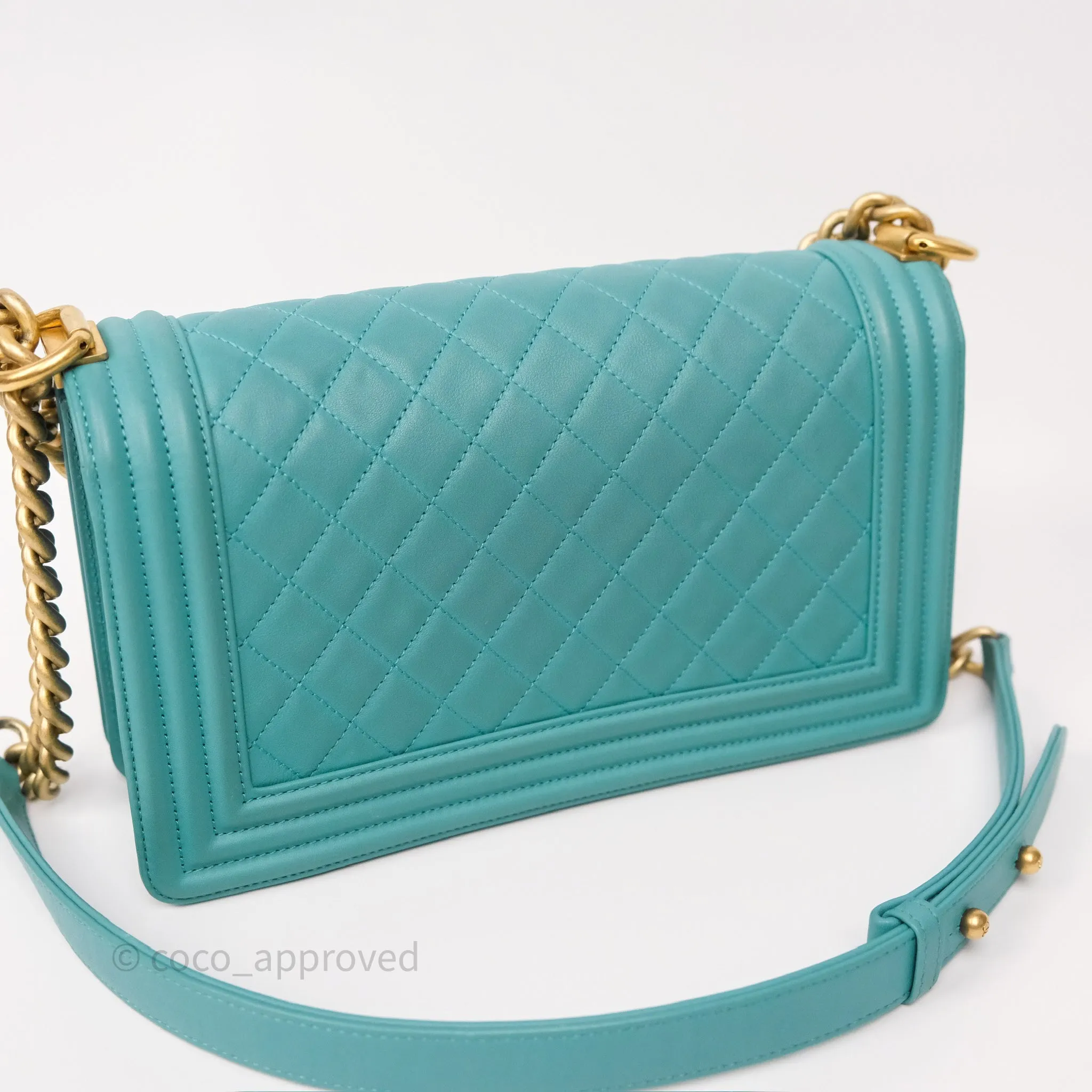 Chanel Medium Boy Quilted Turquoise Calfskin Aged Gold Hardware