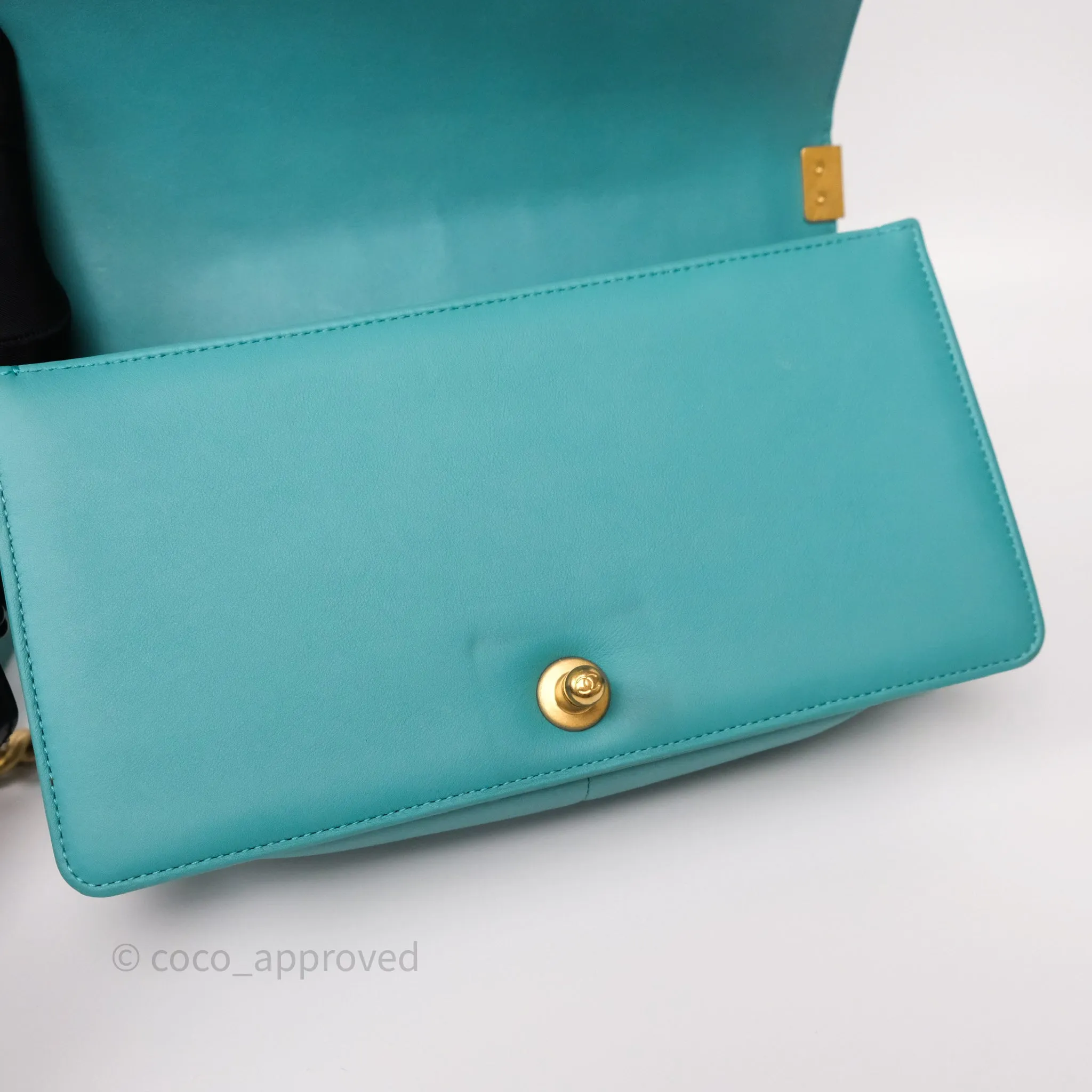 Chanel Medium Boy Quilted Turquoise Calfskin Aged Gold Hardware