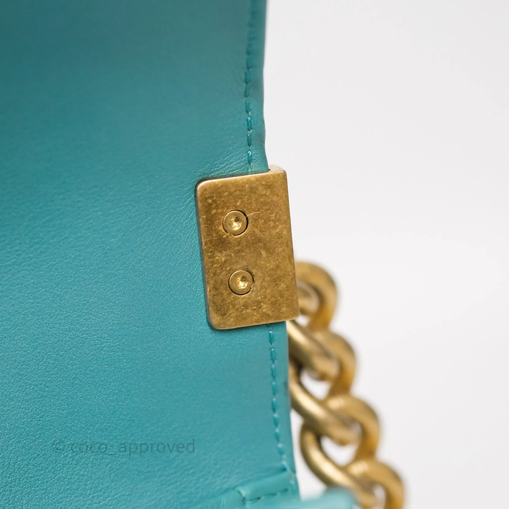 Chanel Medium Boy Quilted Turquoise Calfskin Aged Gold Hardware