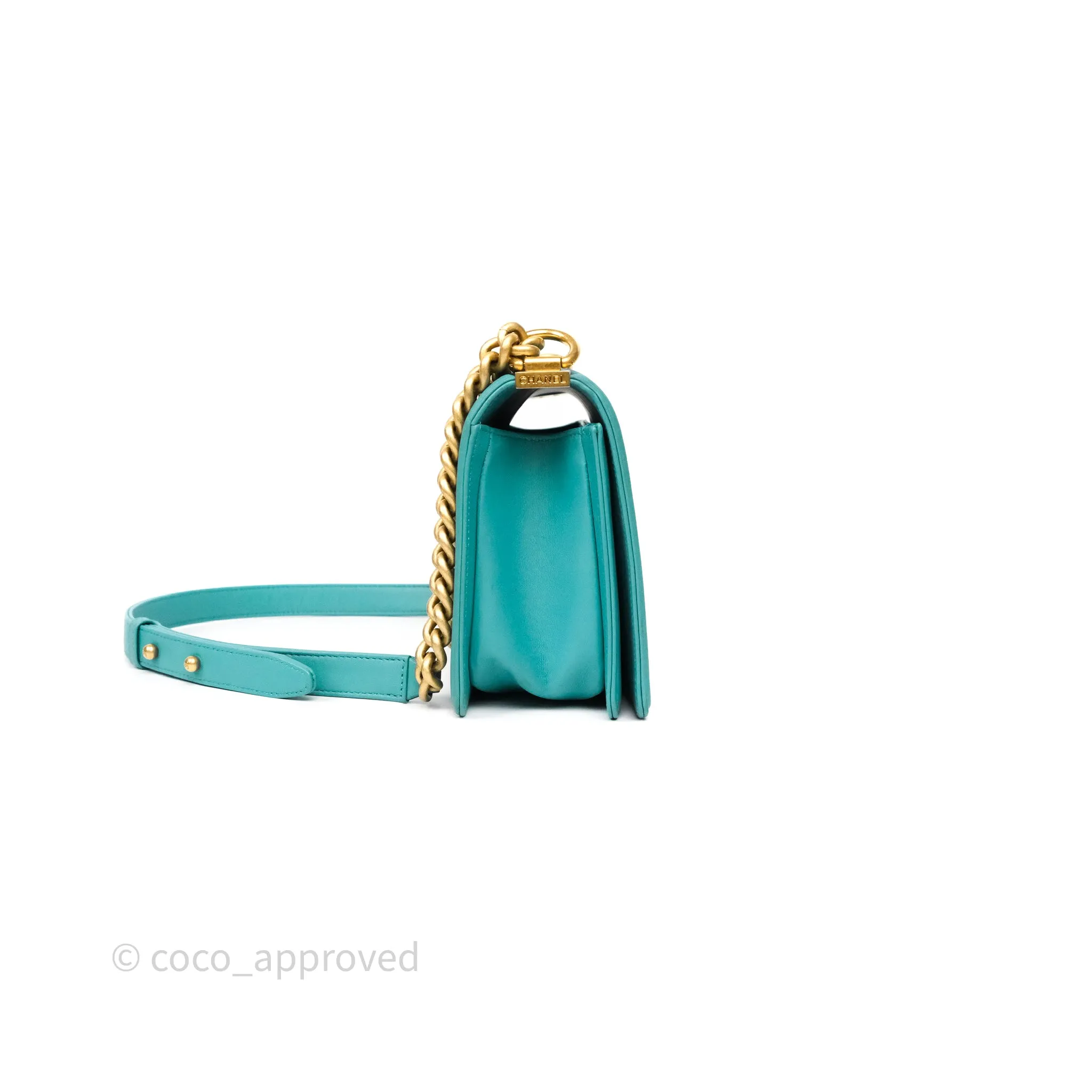 Chanel Medium Boy Quilted Turquoise Calfskin Aged Gold Hardware
