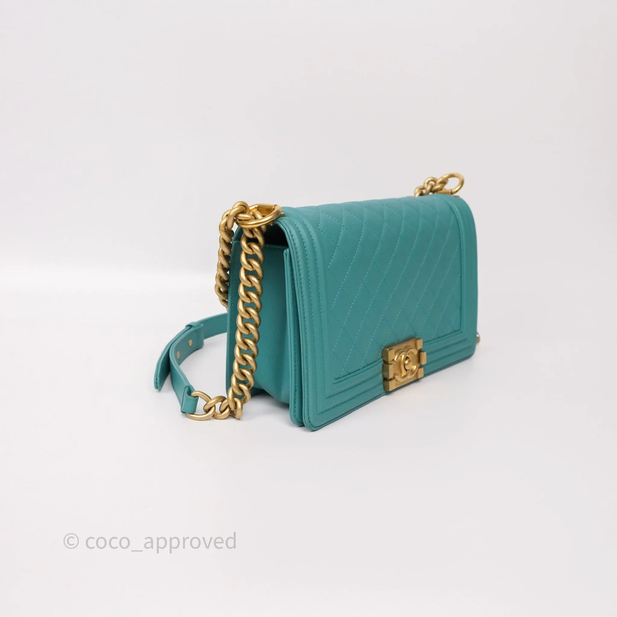 Chanel Medium Boy Quilted Turquoise Calfskin Aged Gold Hardware