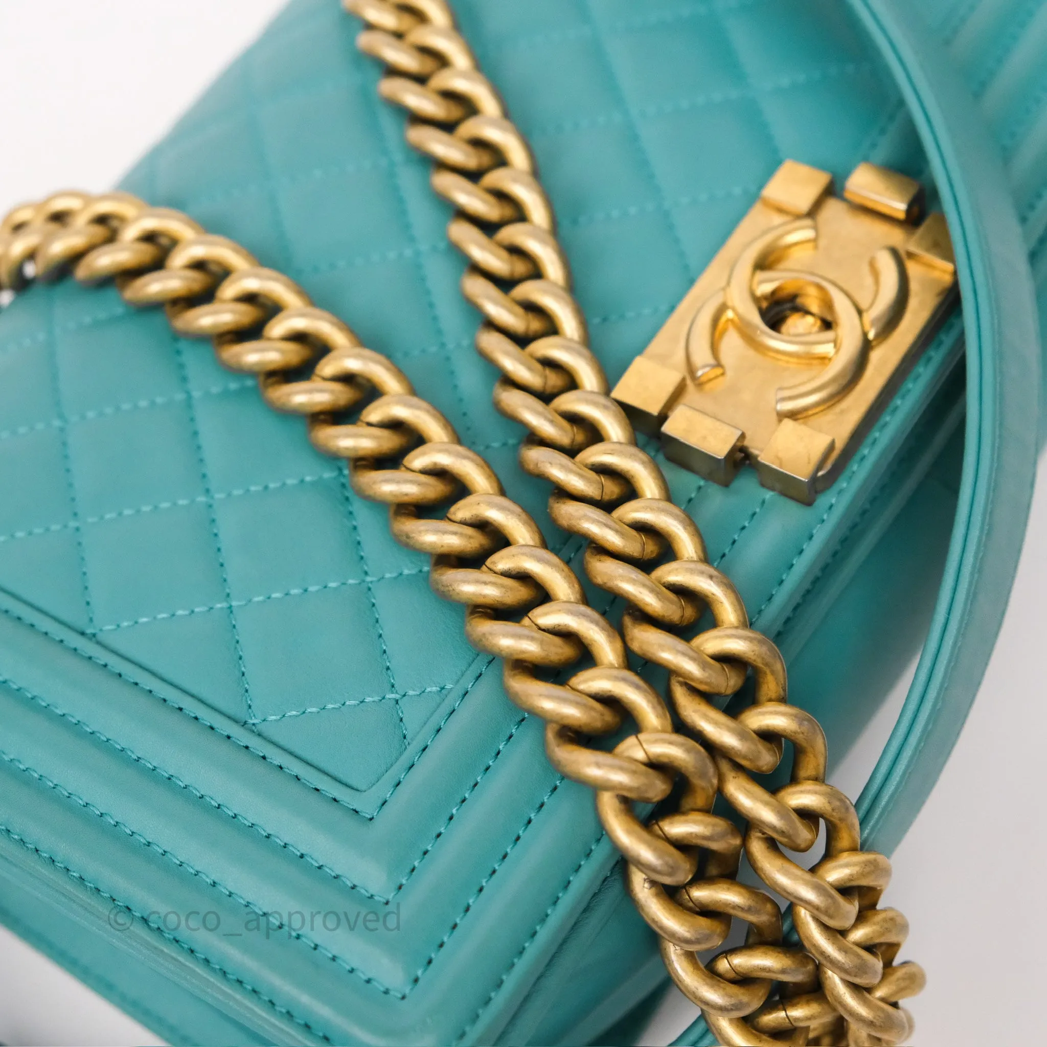 Chanel Medium Boy Quilted Turquoise Calfskin Aged Gold Hardware