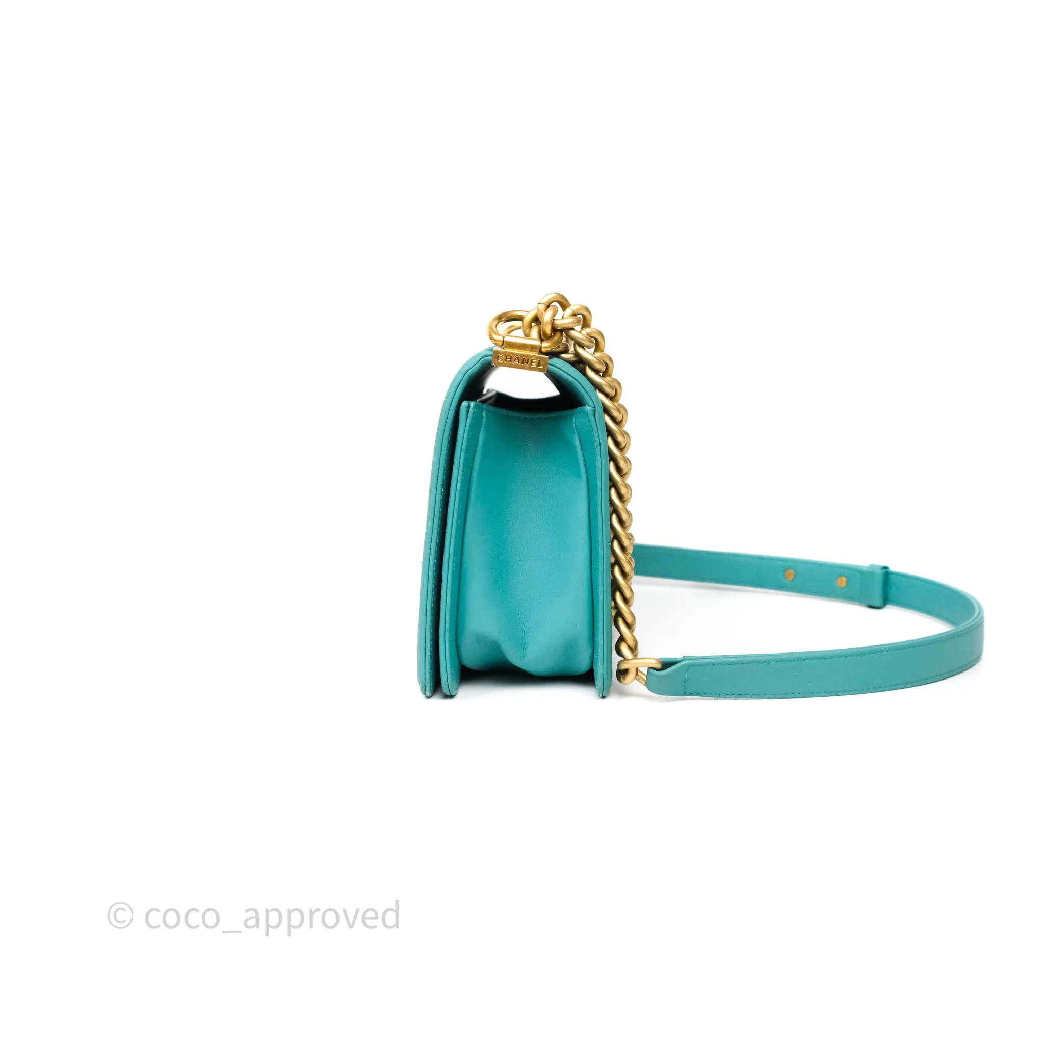 Chanel Medium Boy Quilted Turquoise Calfskin Aged Gold Hardware