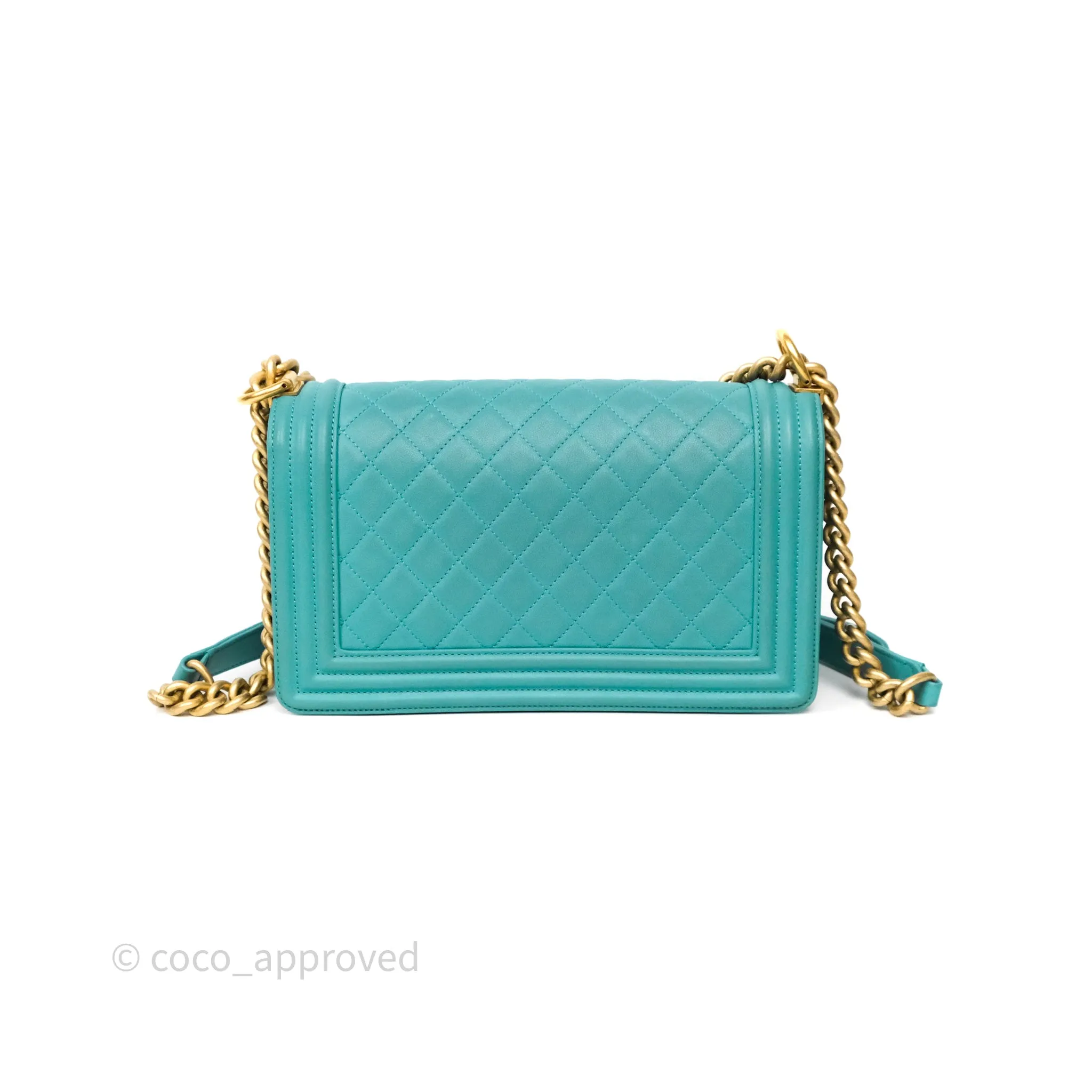 Chanel Medium Boy Quilted Turquoise Calfskin Aged Gold Hardware