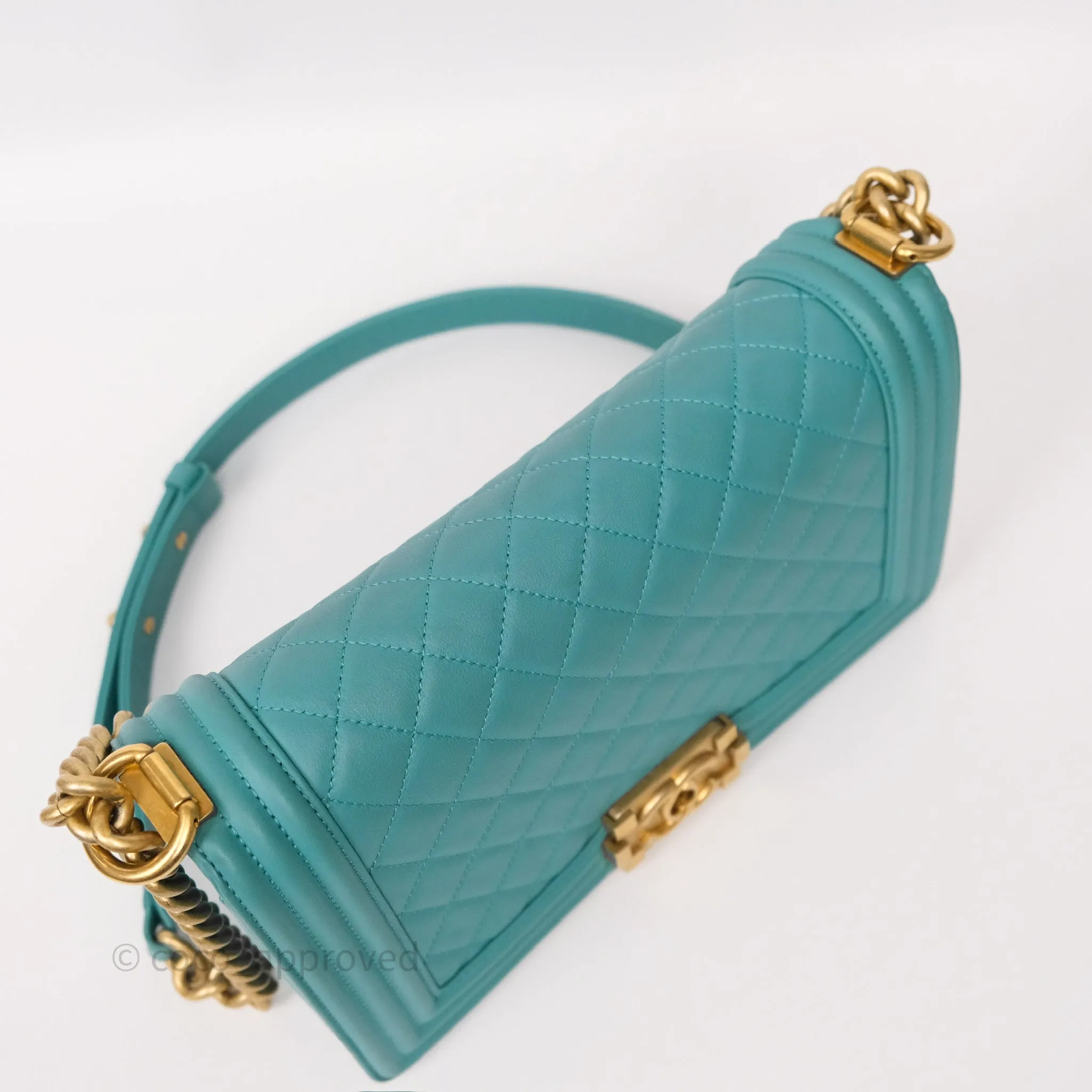 Chanel Medium Boy Quilted Turquoise Calfskin Aged Gold Hardware
