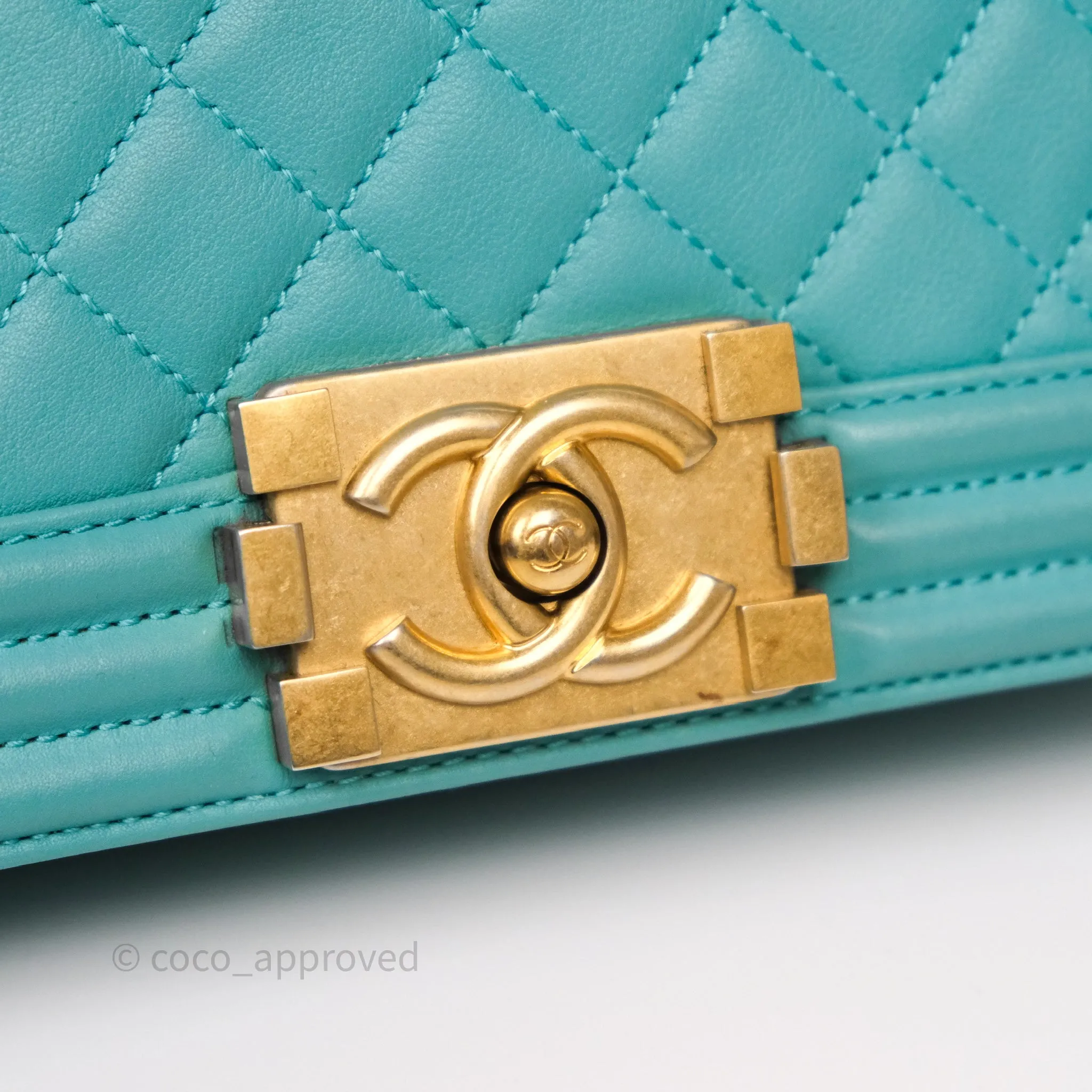 Chanel Medium Boy Quilted Turquoise Calfskin Aged Gold Hardware