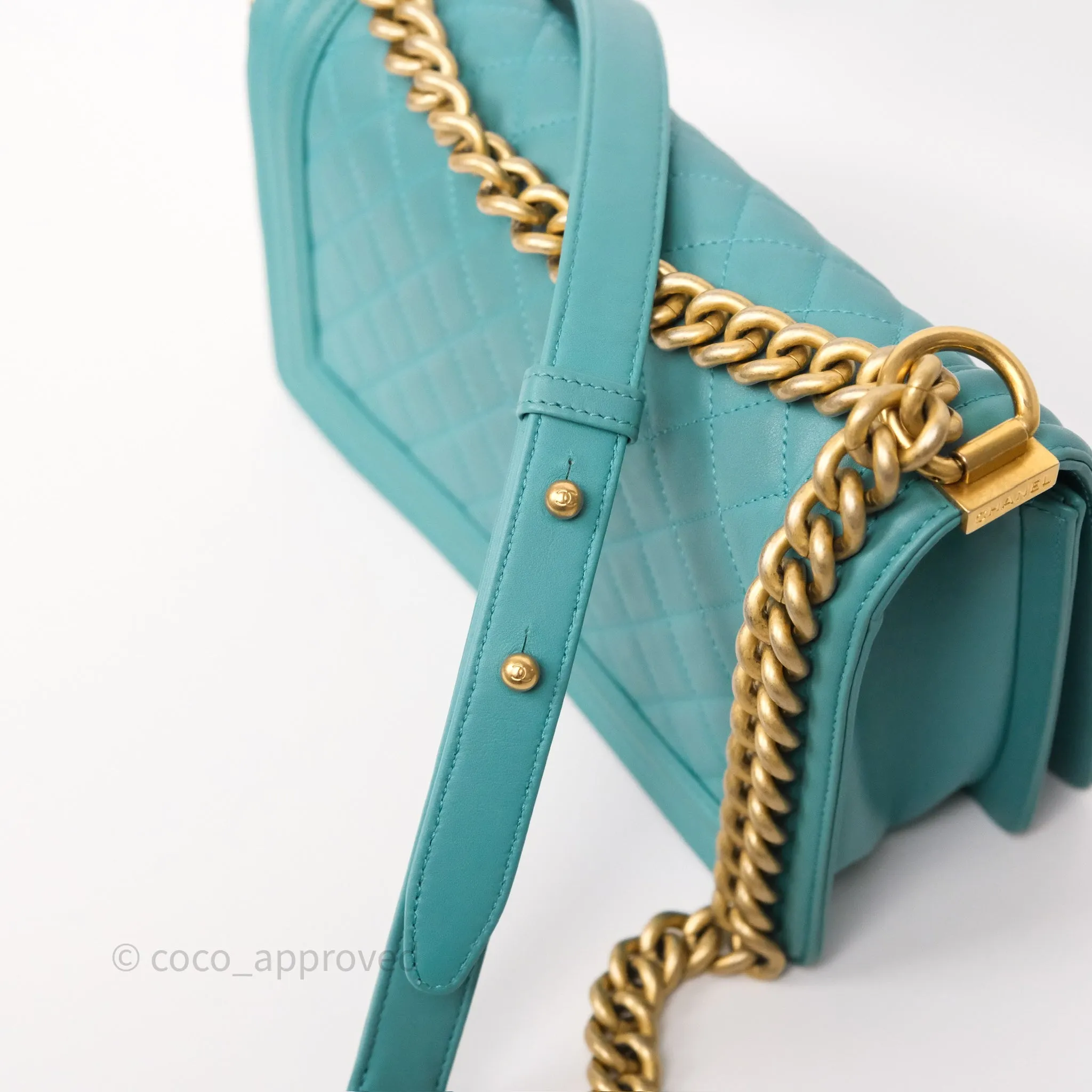 Chanel Medium Boy Quilted Turquoise Calfskin Aged Gold Hardware