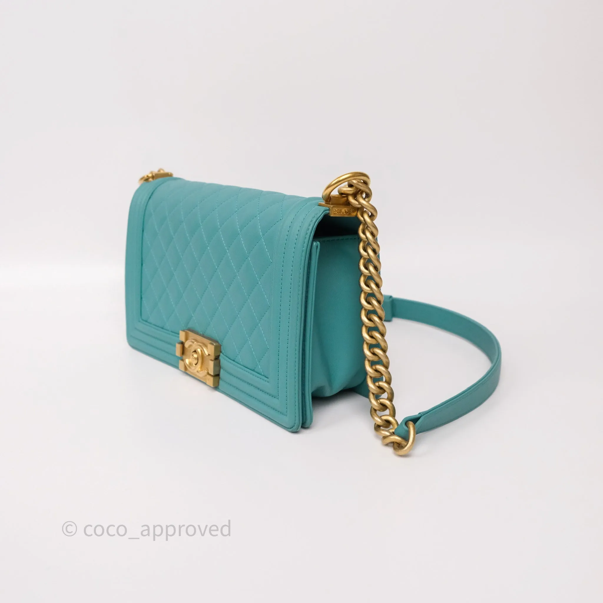 Chanel Medium Boy Quilted Turquoise Calfskin Aged Gold Hardware