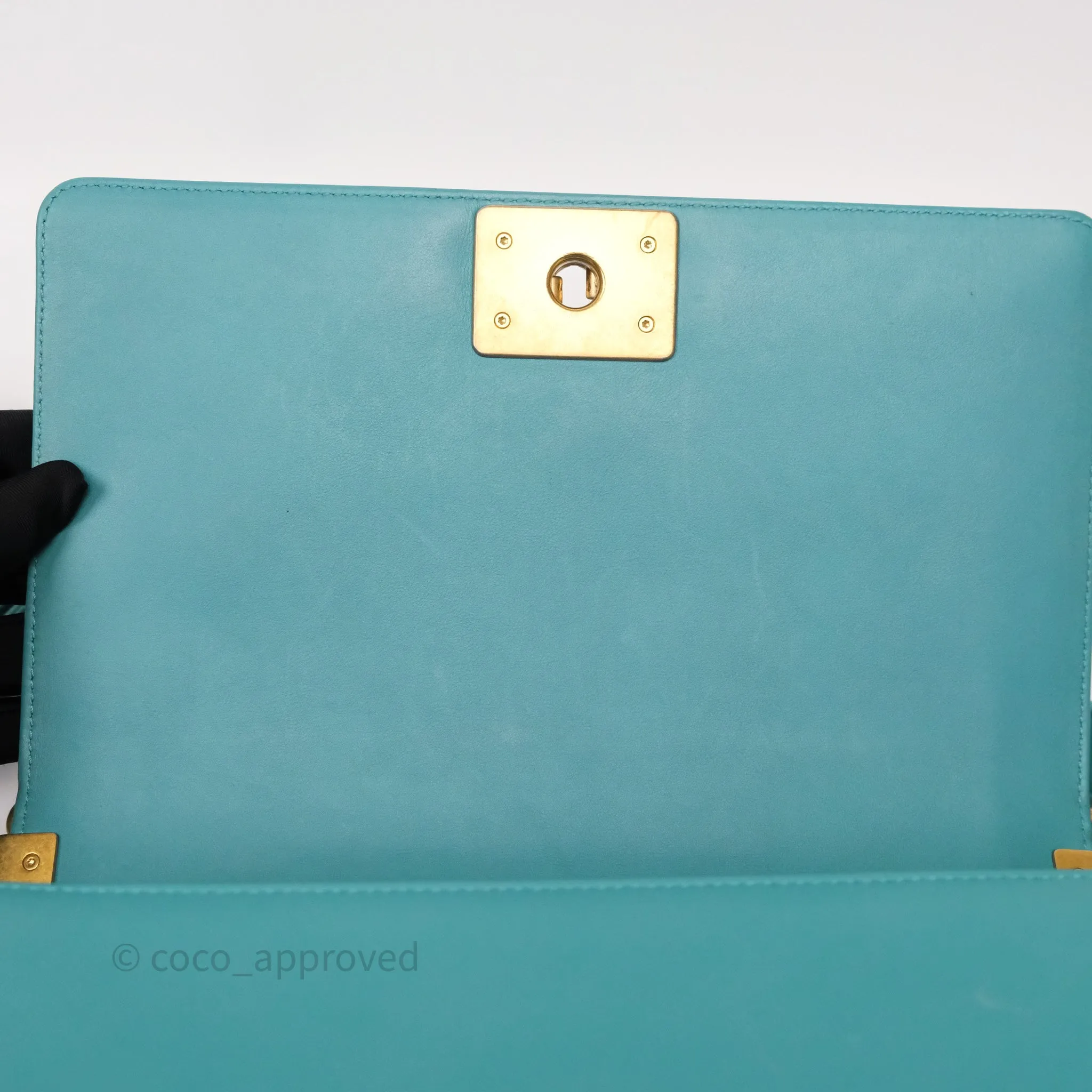 Chanel Medium Boy Quilted Turquoise Calfskin Aged Gold Hardware