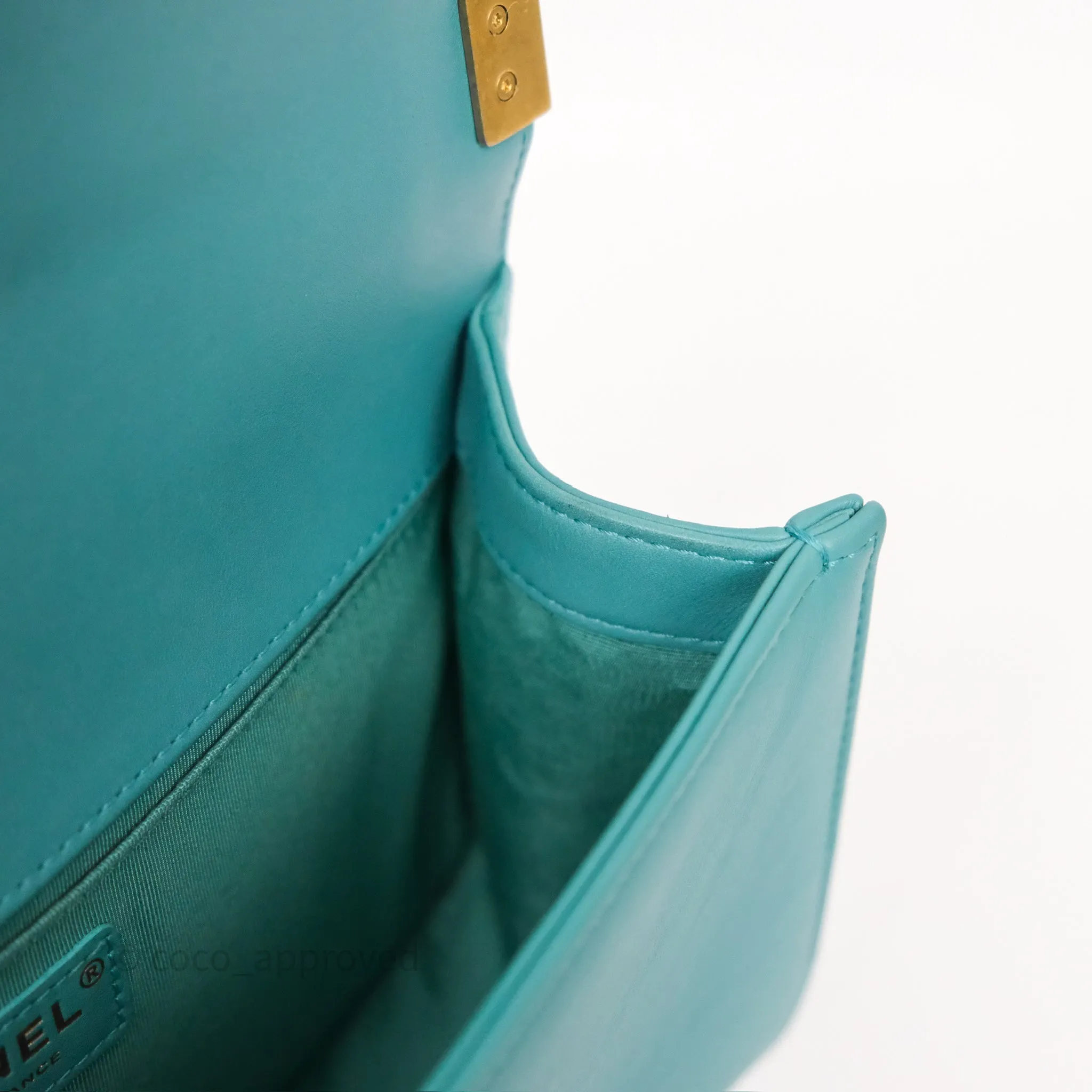 Chanel Medium Boy Quilted Turquoise Calfskin Aged Gold Hardware