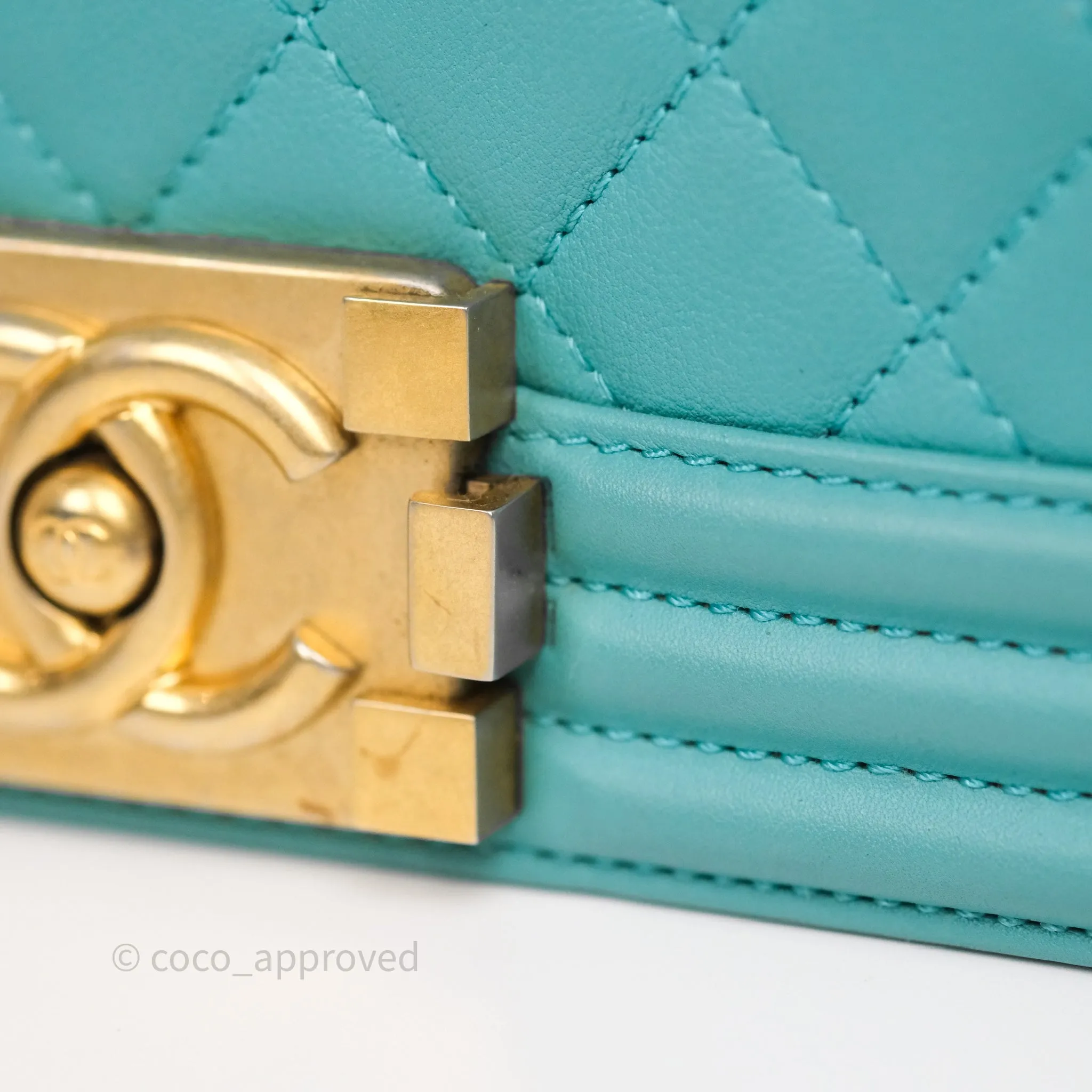 Chanel Medium Boy Quilted Turquoise Calfskin Aged Gold Hardware
