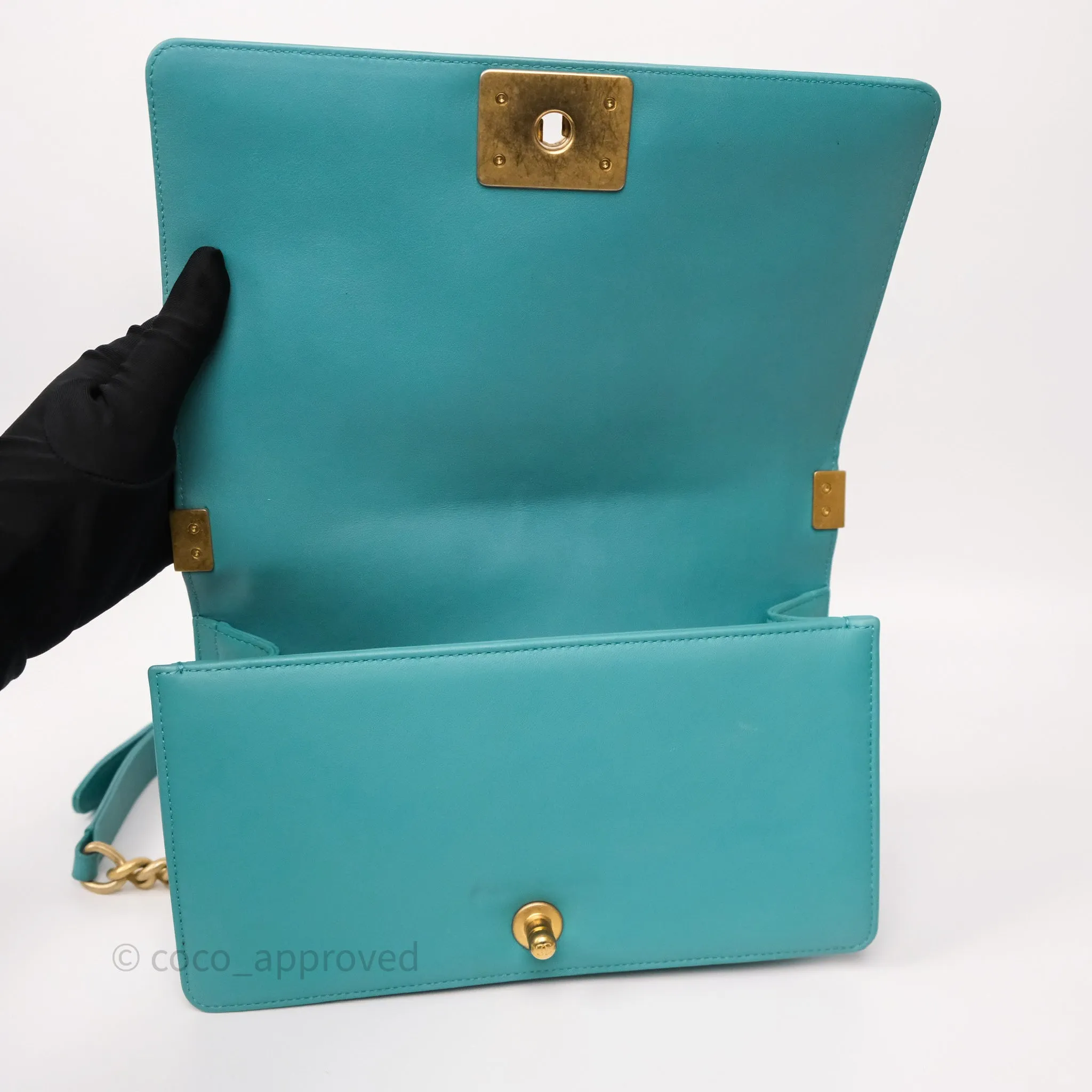 Chanel Medium Boy Quilted Turquoise Calfskin Aged Gold Hardware