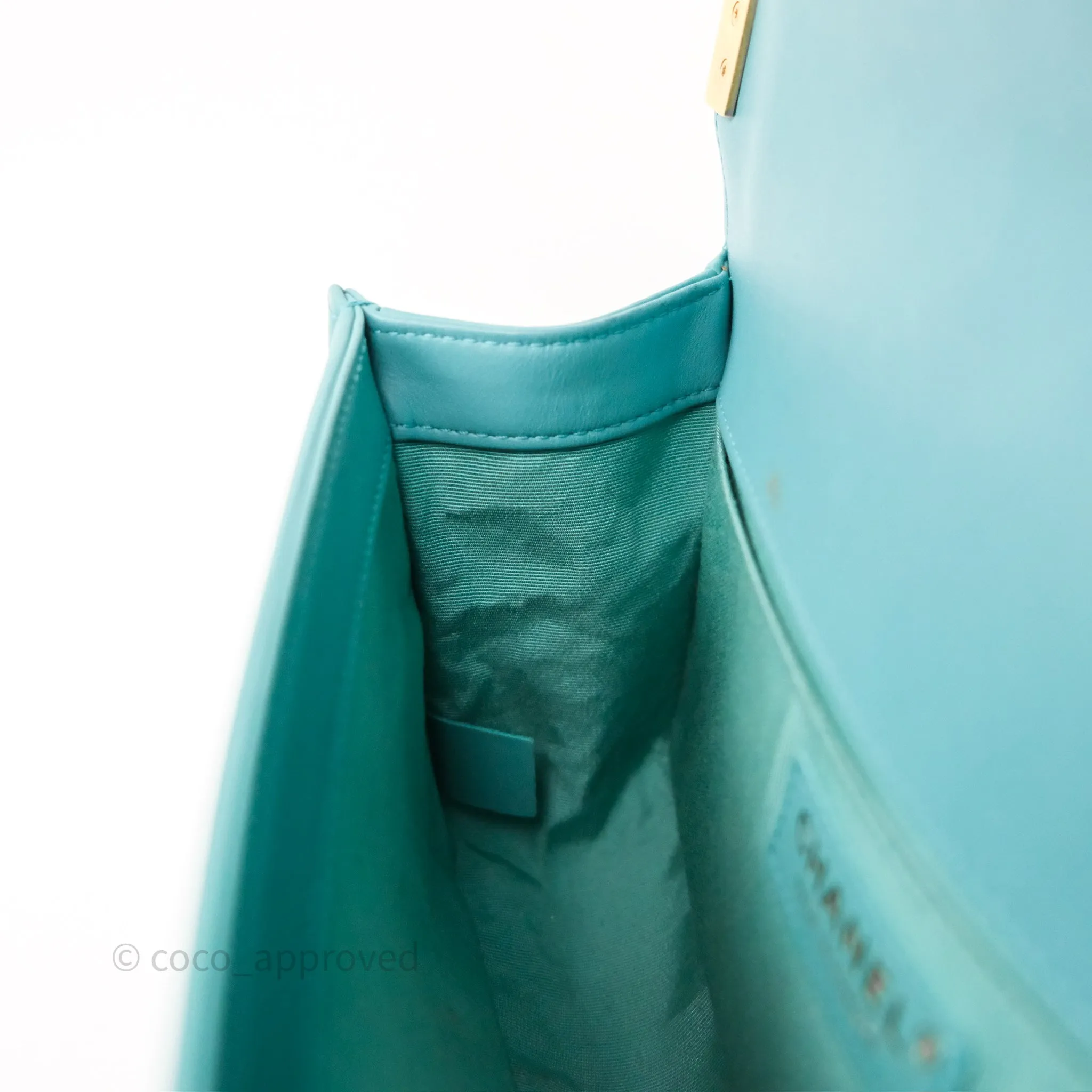 Chanel Medium Boy Quilted Turquoise Calfskin Aged Gold Hardware
