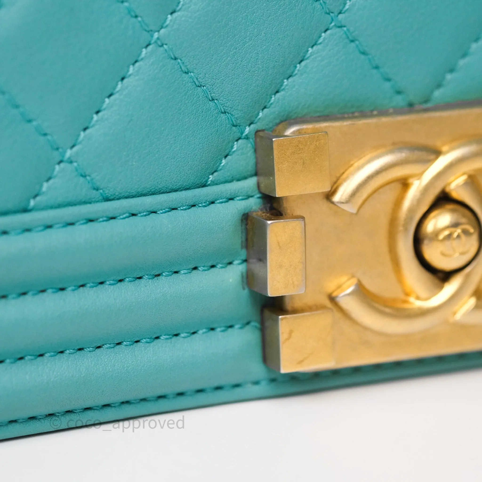 Chanel Medium Boy Quilted Turquoise Calfskin Aged Gold Hardware