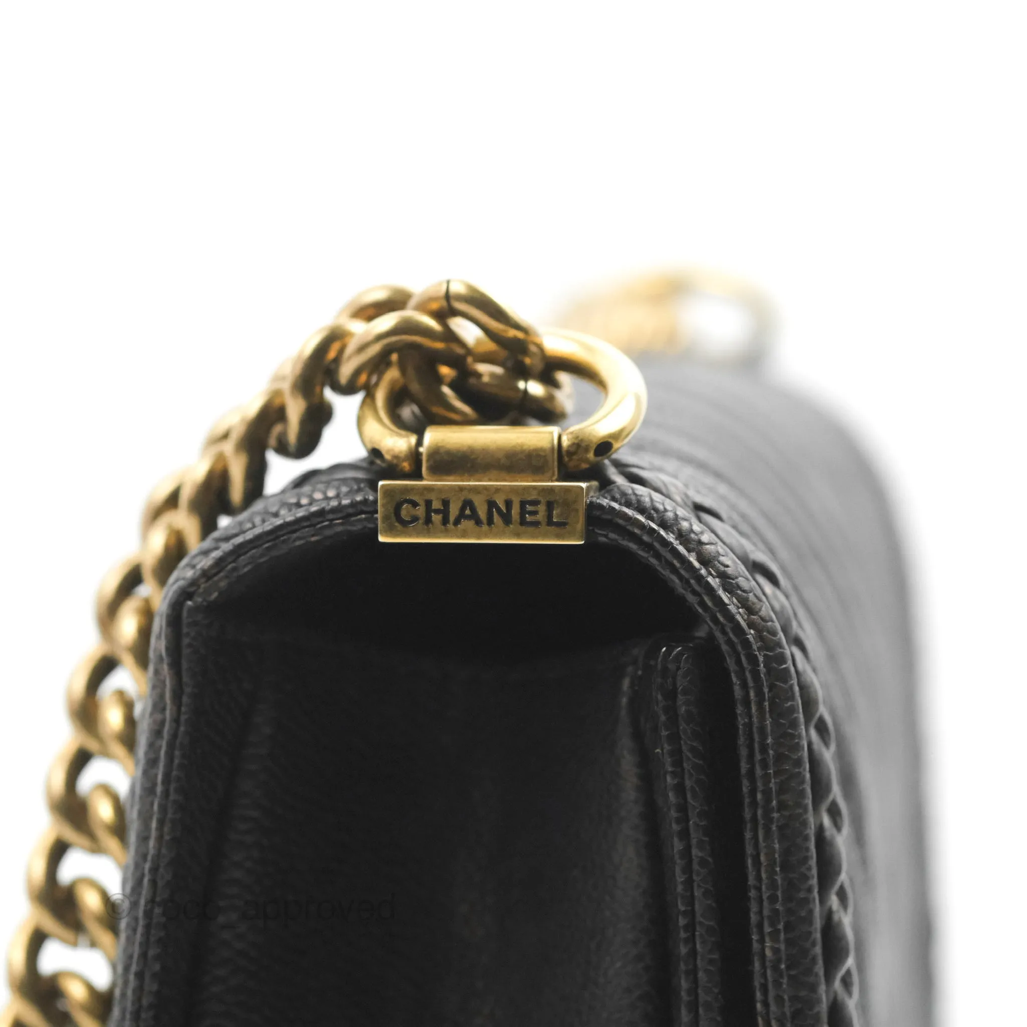 Chanel Medium Braid Around Boy Flap Patinated Caviar Chevron Black Aged Gold Hardware