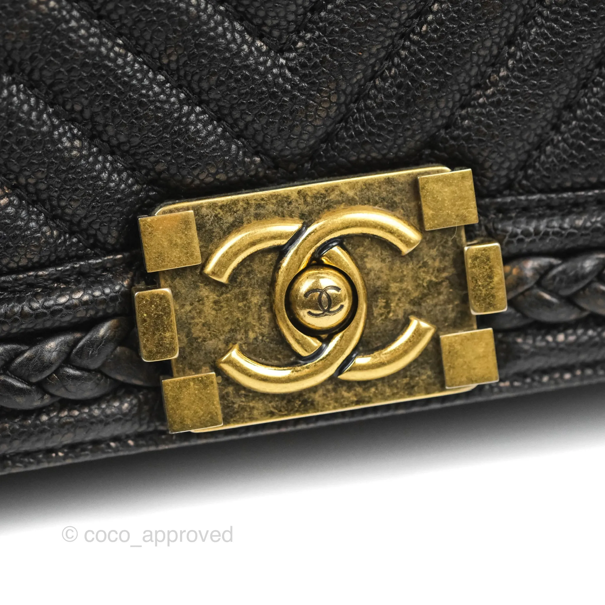 Chanel Medium Braid Around Boy Flap Patinated Caviar Chevron Black Aged Gold Hardware