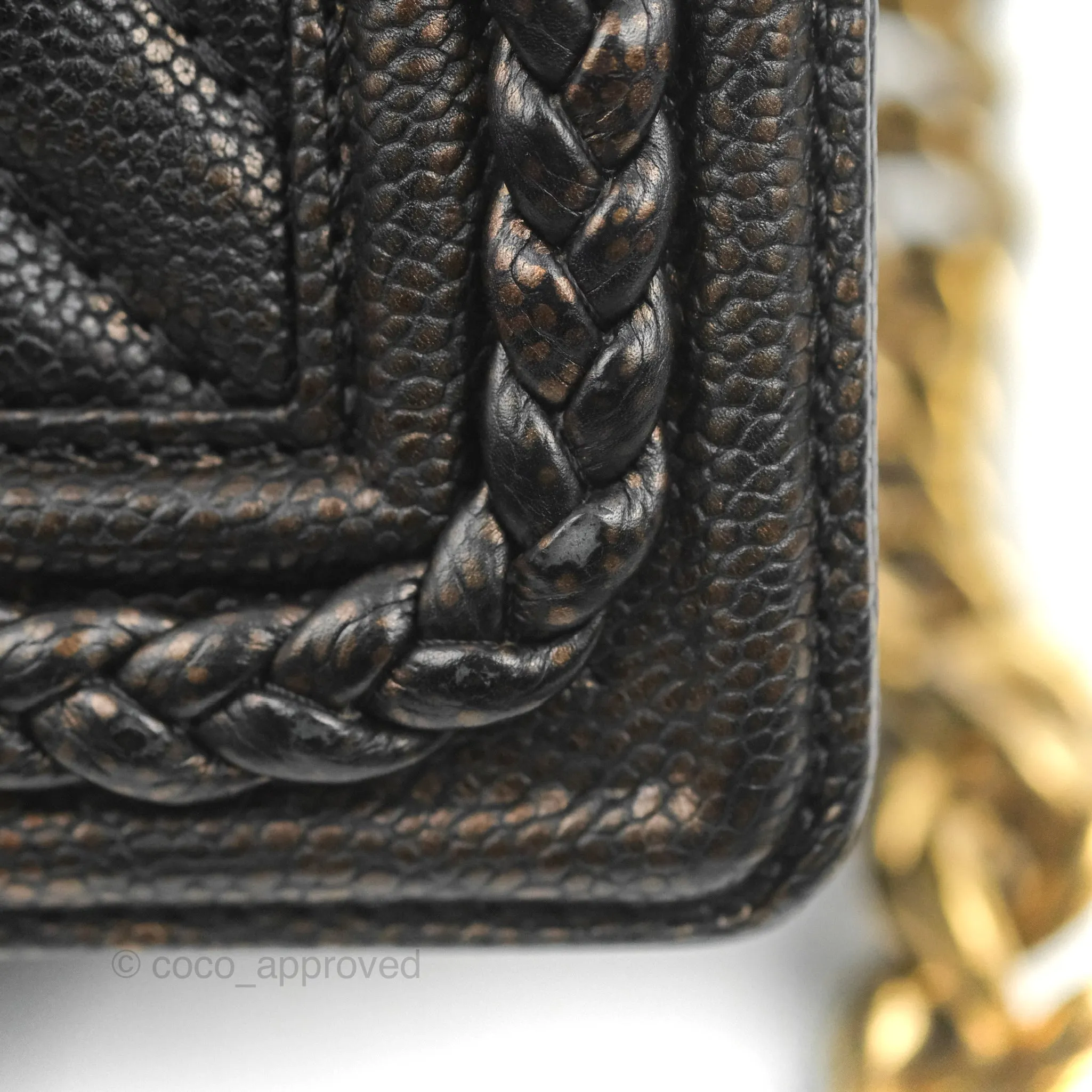 Chanel Medium Braid Around Boy Flap Patinated Caviar Chevron Black Aged Gold Hardware