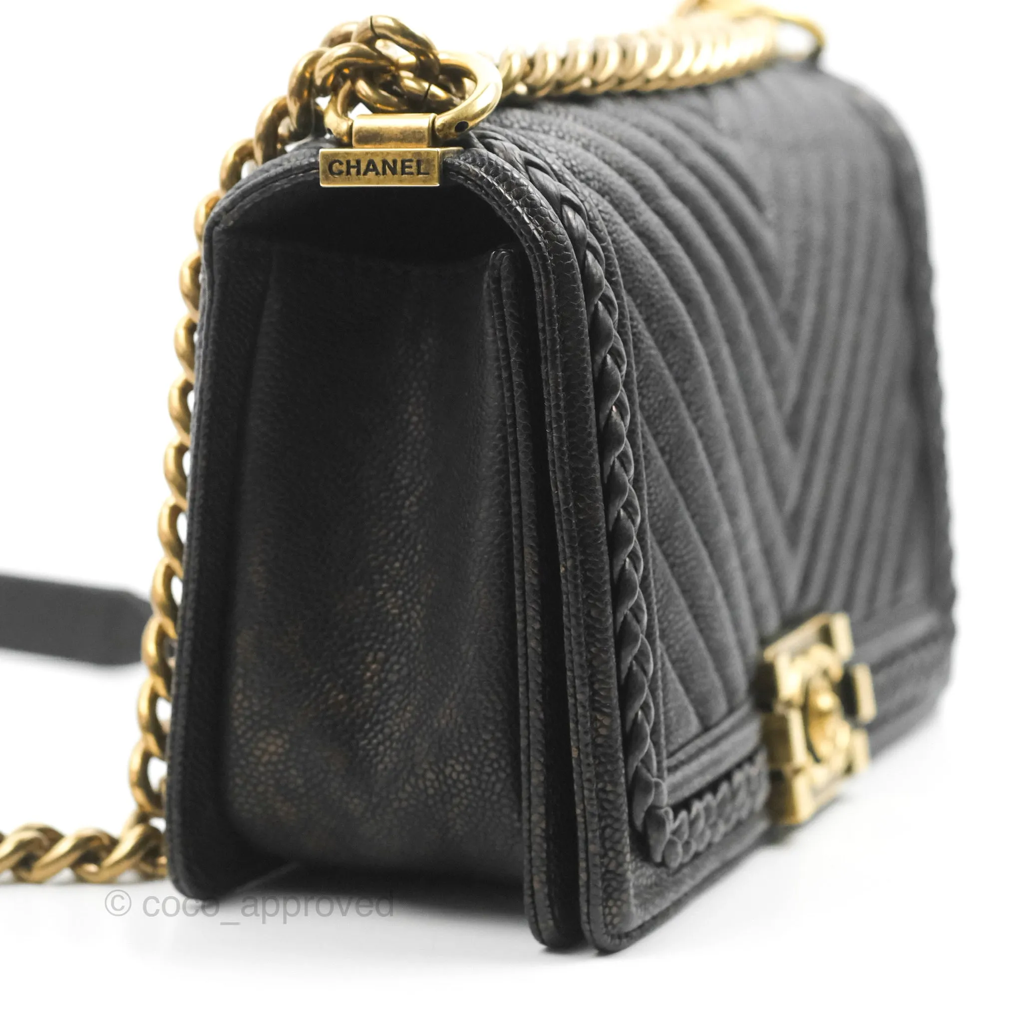 Chanel Medium Braid Around Boy Flap Patinated Caviar Chevron Black Aged Gold Hardware