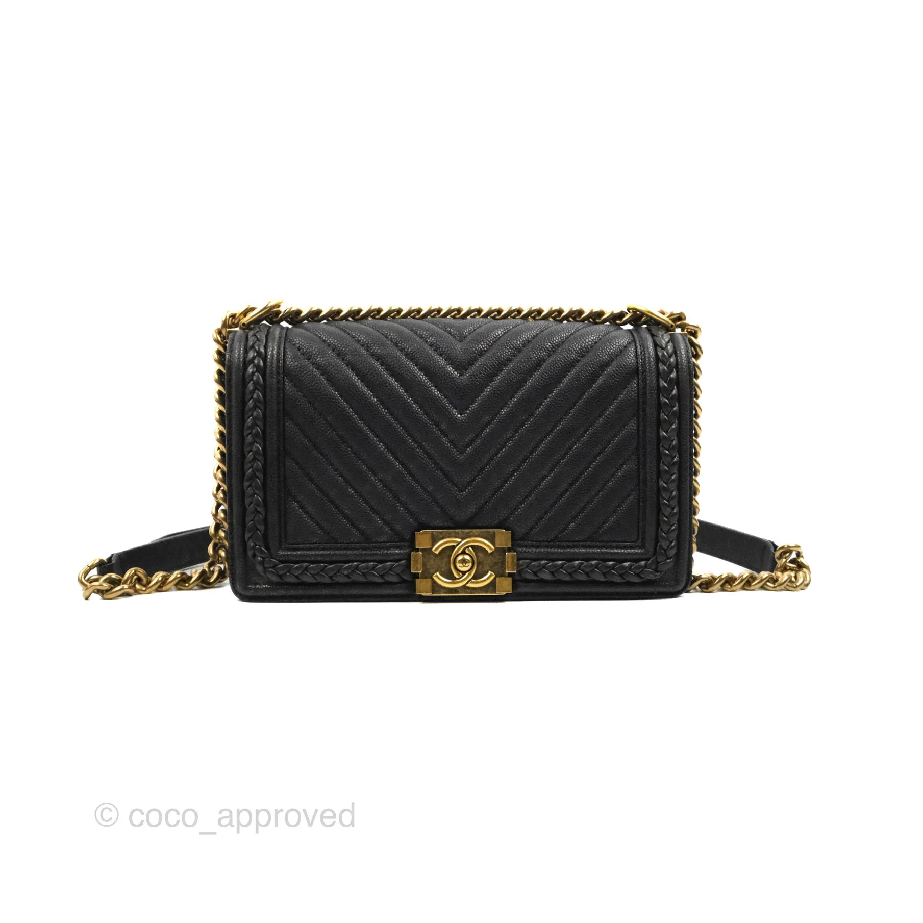 Chanel Medium Braid Around Boy Flap Patinated Caviar Chevron Black Aged Gold Hardware