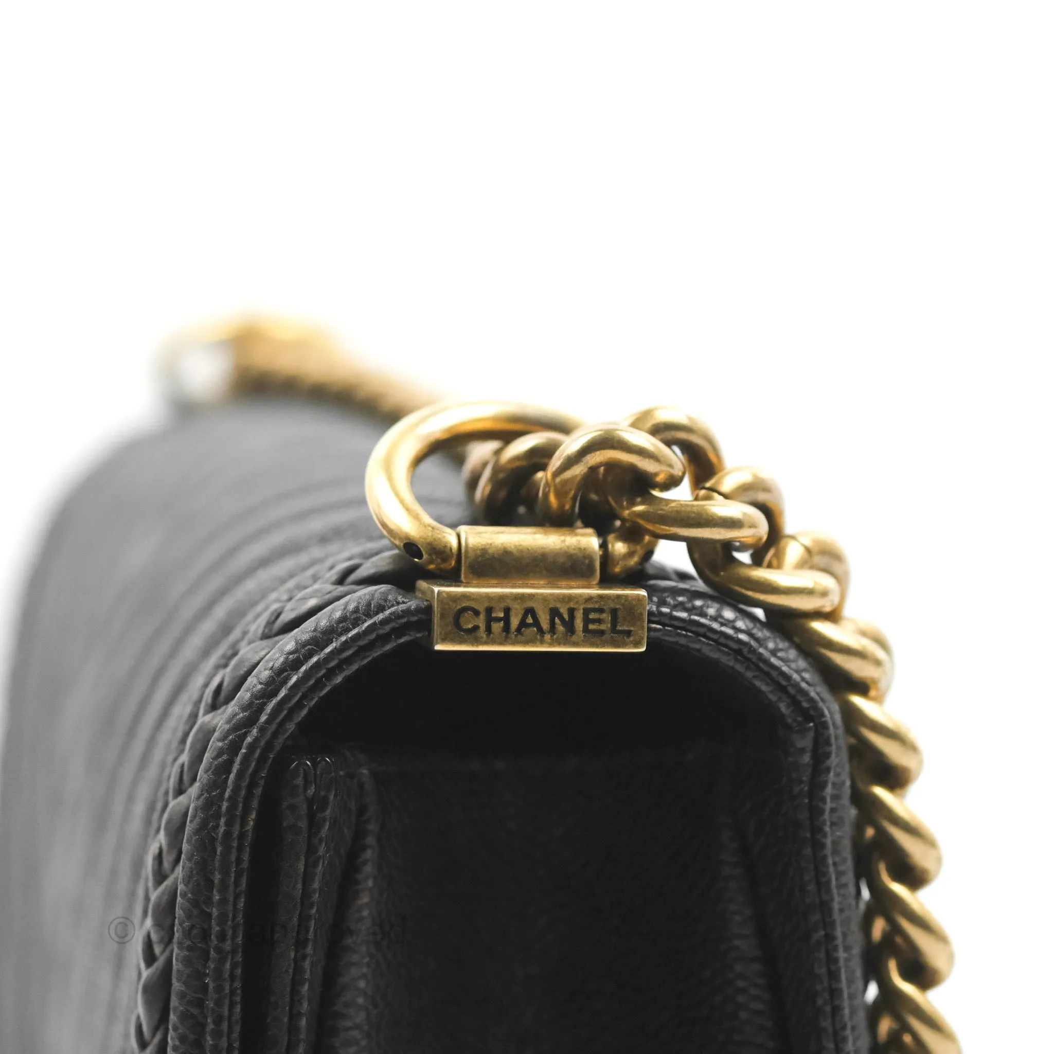 Chanel Medium Braid Around Boy Flap Patinated Caviar Chevron Black Aged Gold Hardware