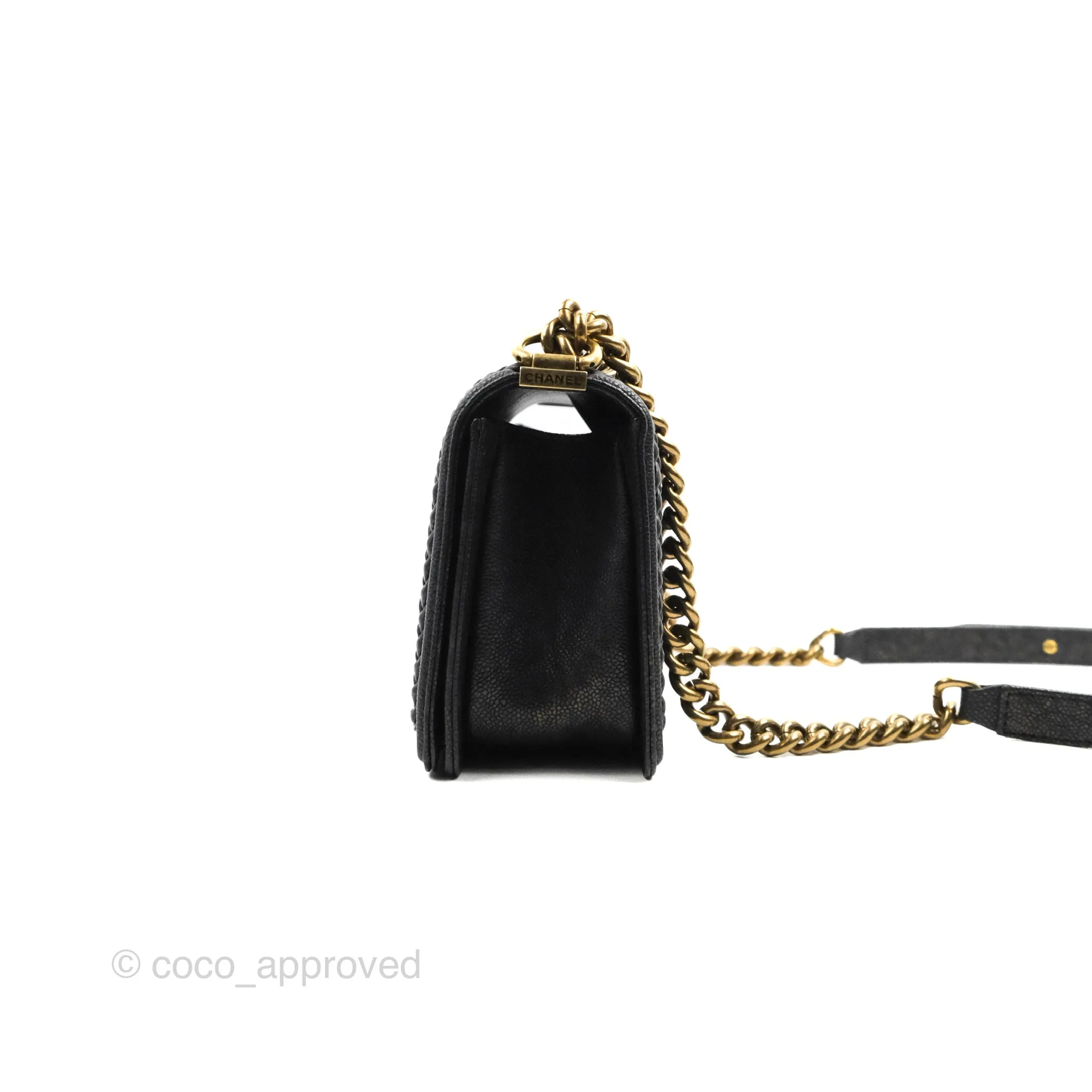 Chanel Medium Braid Around Boy Flap Patinated Caviar Chevron Black Aged Gold Hardware