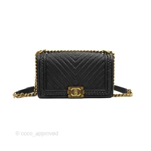 Chanel Medium Braid Around Boy Flap Patinated Caviar Chevron Black Aged Gold Hardware