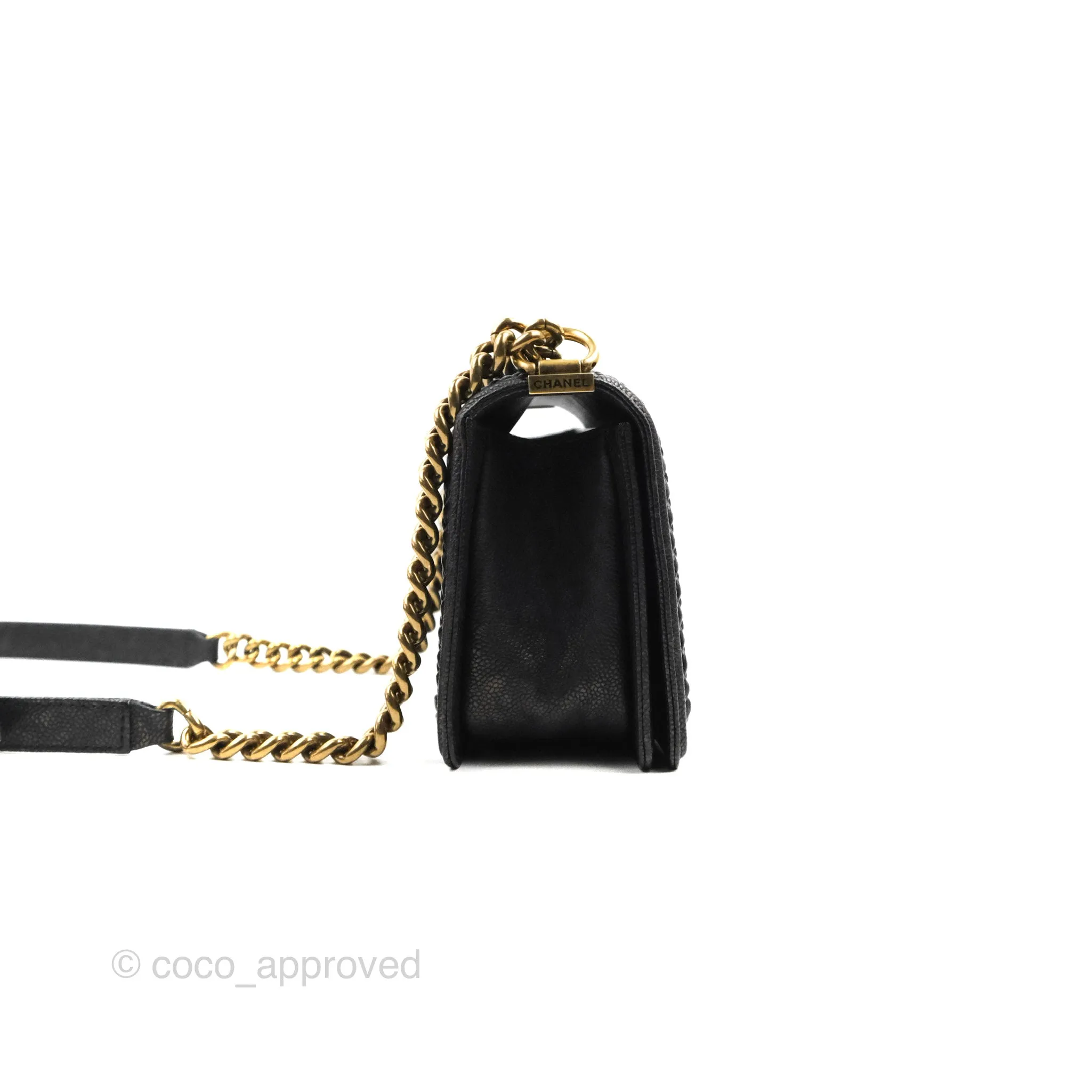 Chanel Medium Braid Around Boy Flap Patinated Caviar Chevron Black Aged Gold Hardware