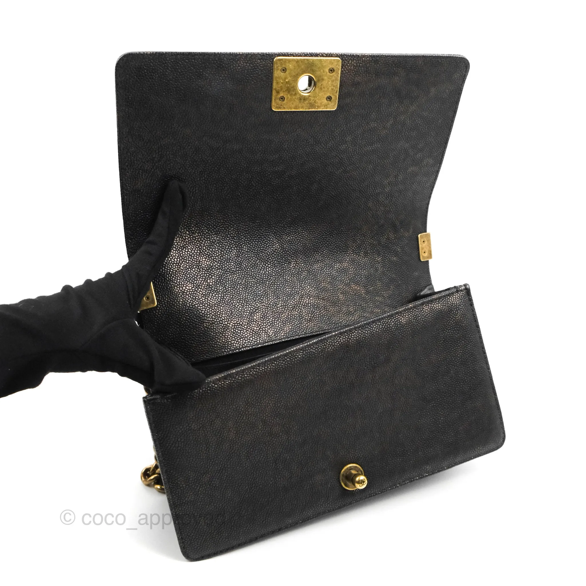 Chanel Medium Braid Around Boy Flap Patinated Caviar Chevron Black Aged Gold Hardware