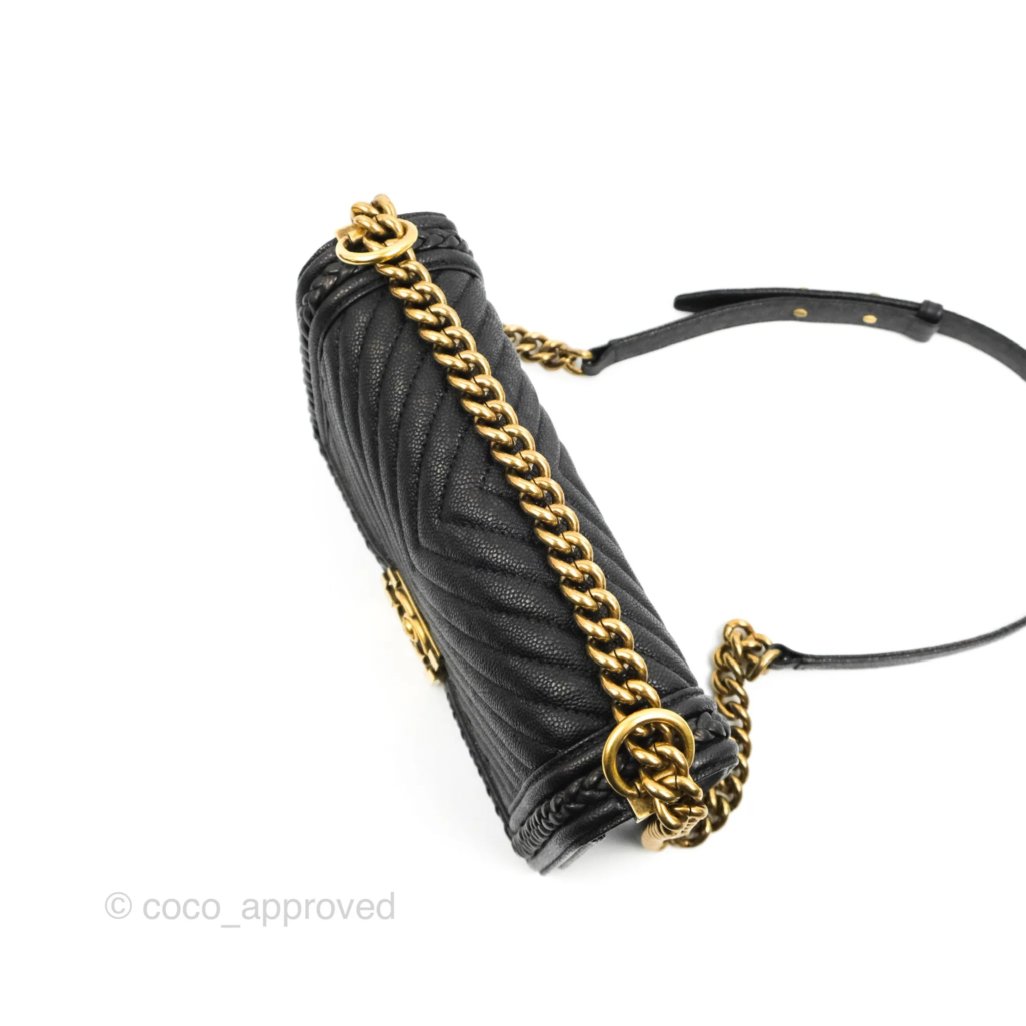Chanel Medium Braid Around Boy Flap Patinated Caviar Chevron Black Aged Gold Hardware