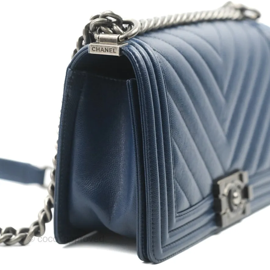 Chanel Medium Chevron Boy Navy Caviar Ruthenium Hardware