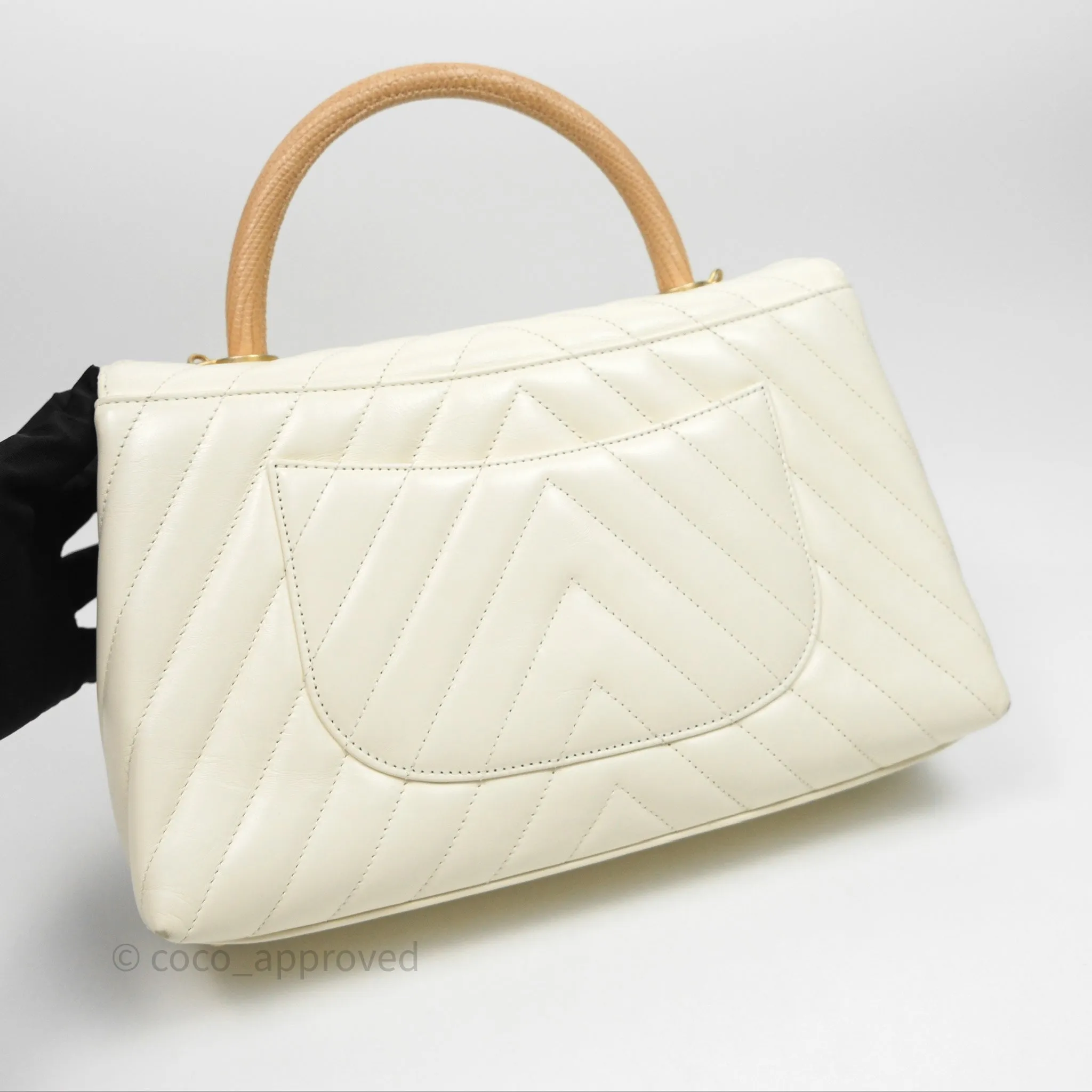 Chanel Medium Coco Handle Chevron Aged Calfskin Ivory Aged Gold Hardware Beige Lizard Handle
