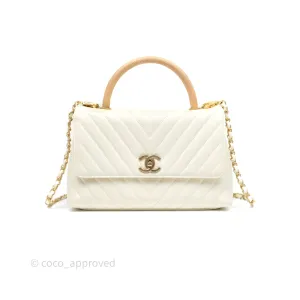 Chanel Medium Coco Handle Chevron Aged Calfskin Ivory Aged Gold Hardware Beige Lizard Handle
