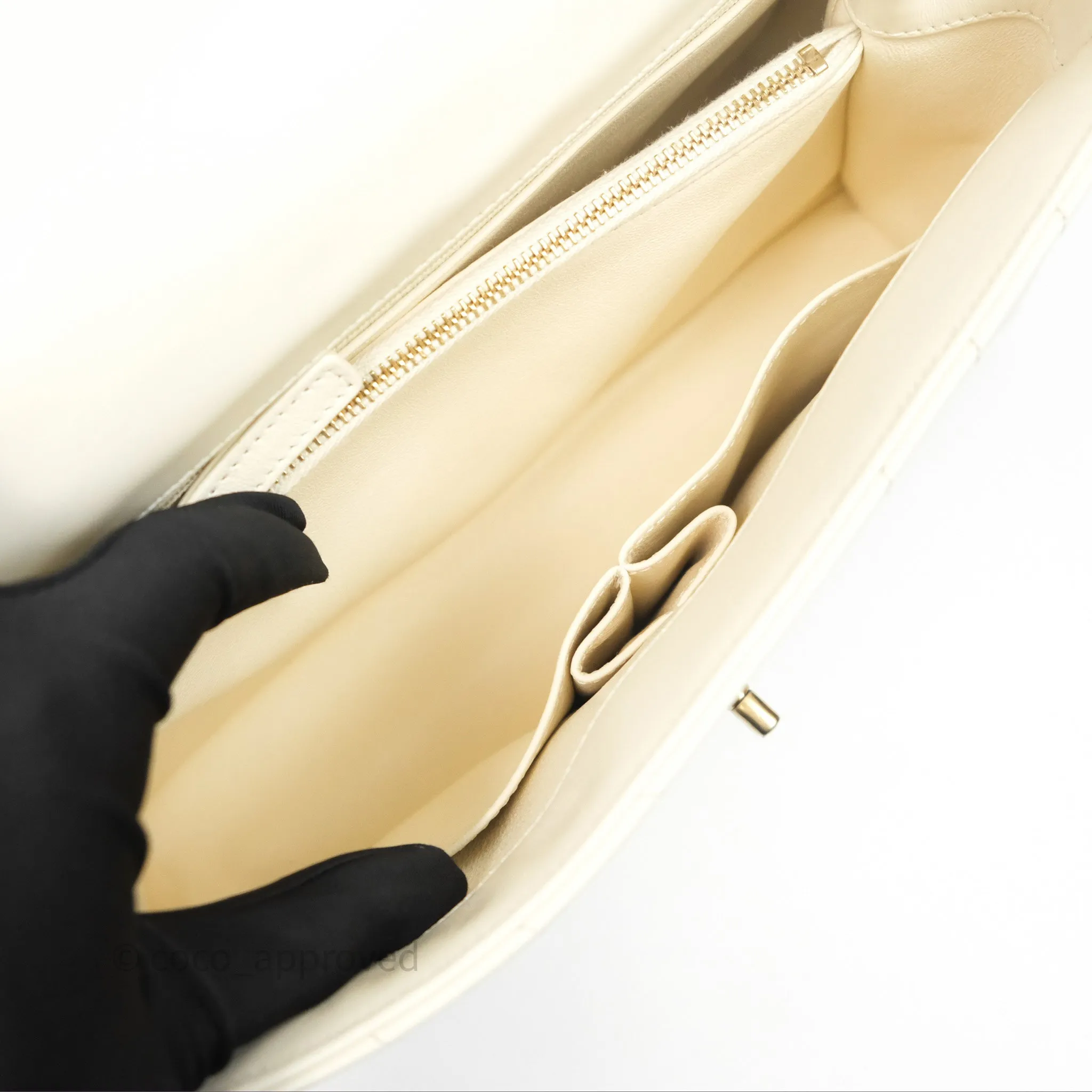 Chanel Medium Coco Handle Chevron Aged Calfskin Ivory Aged Gold Hardware Beige Lizard Handle