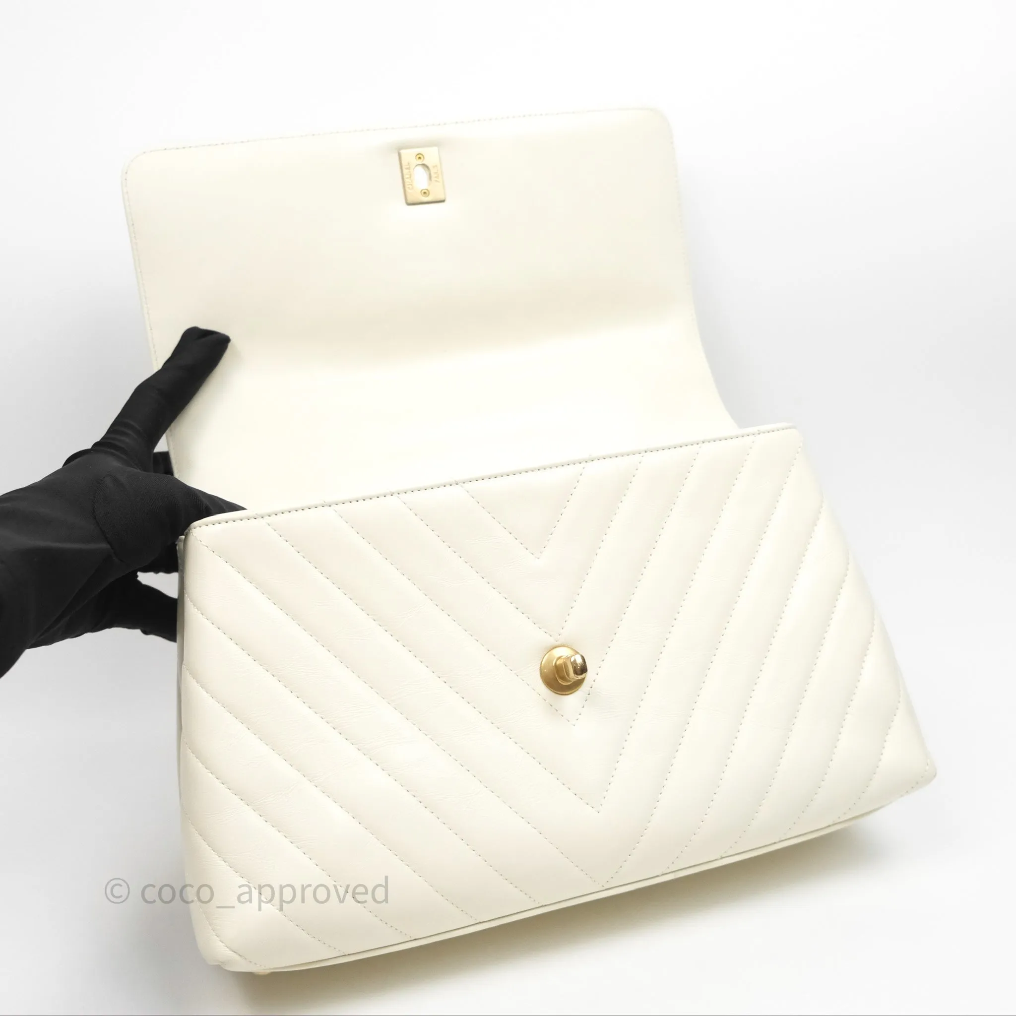 Chanel Medium Coco Handle Chevron Aged Calfskin Ivory Aged Gold Hardware Beige Lizard Handle